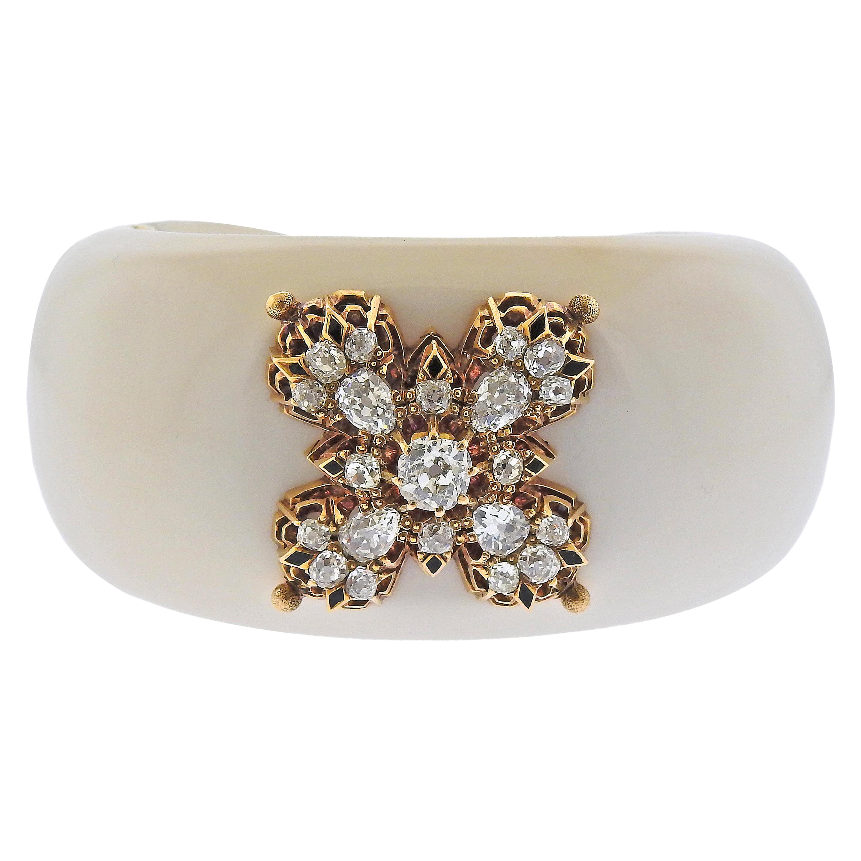 Verdura White Agate Diamond Gold Cuff Bracelet