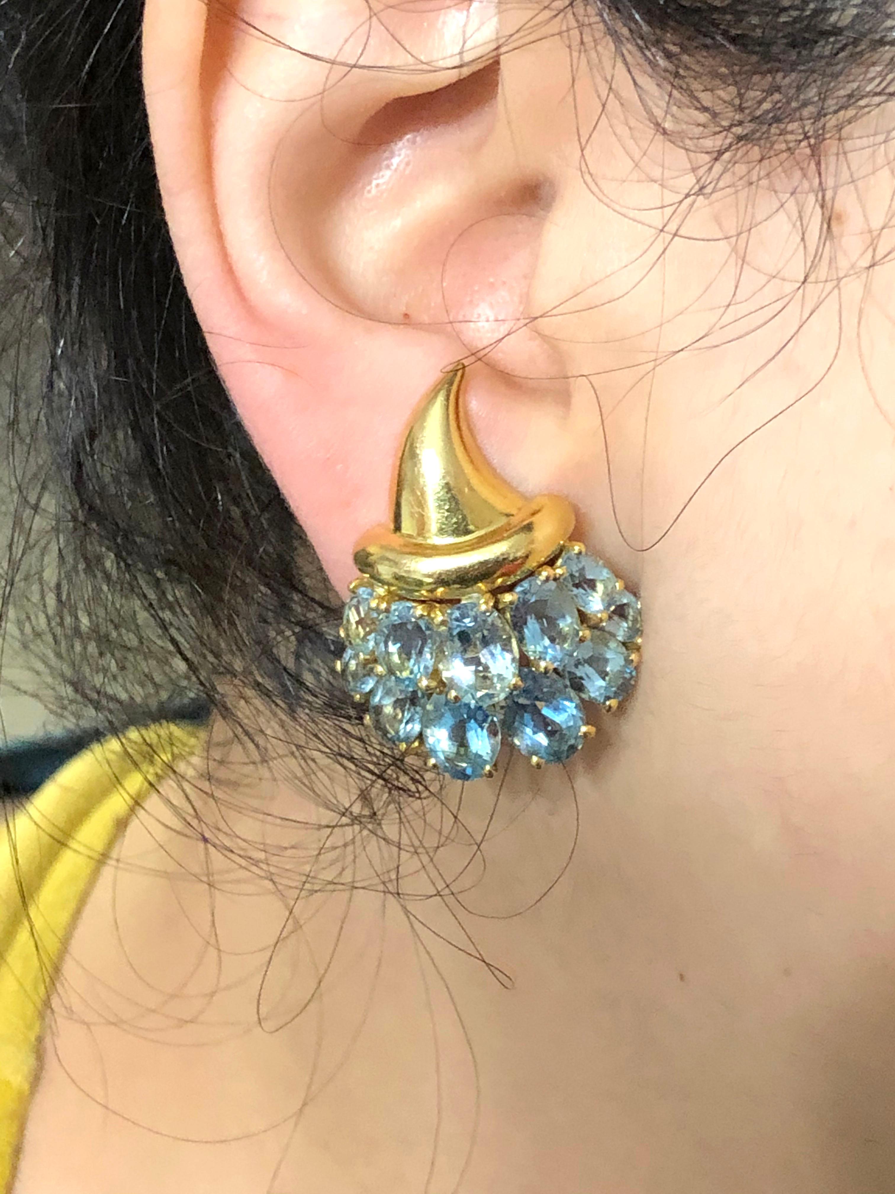 Oval Cut Verdura Yellow Gold and Aquamarine Cornucopia Earrings