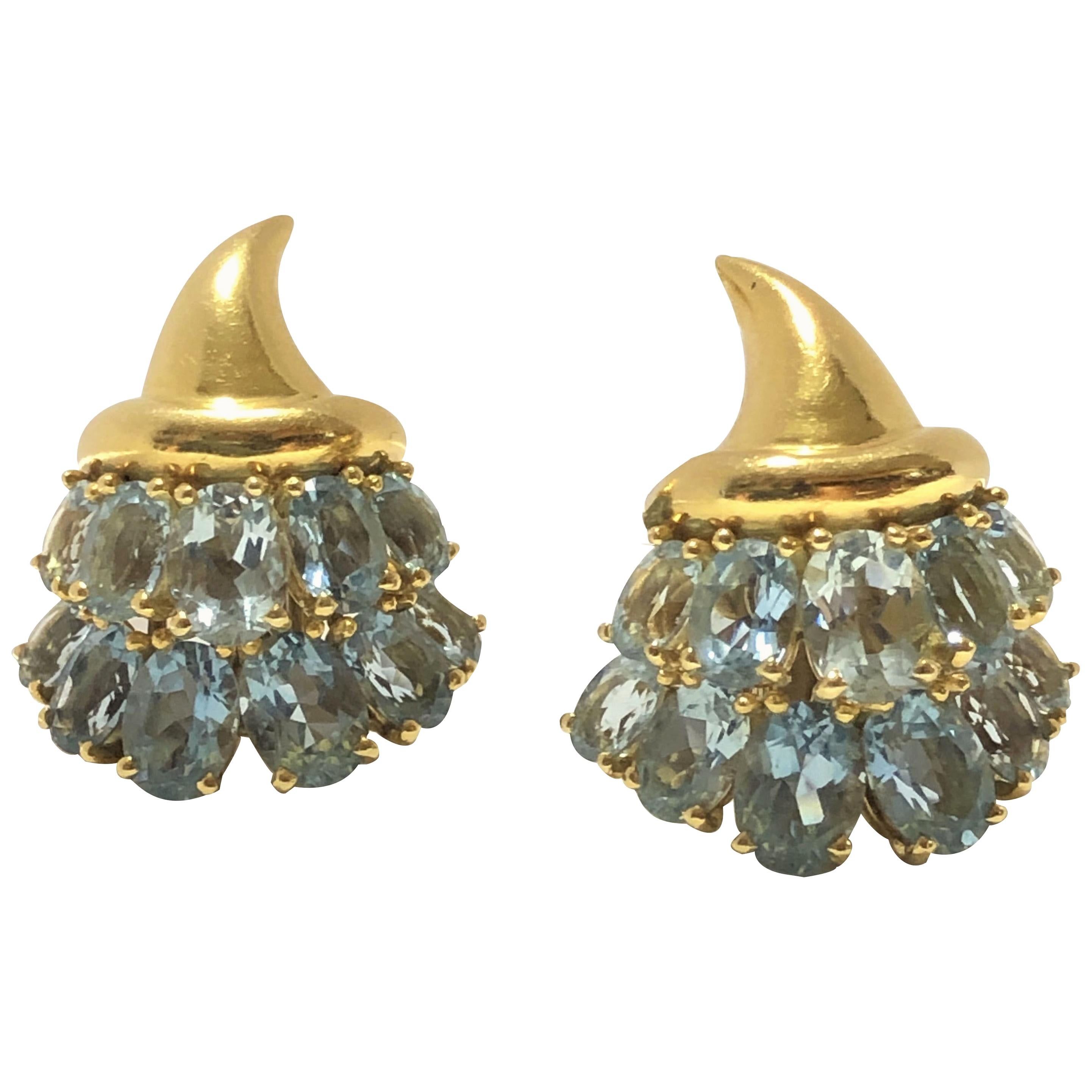 Verdura Yellow Gold and Aquamarine Cornucopia Earrings