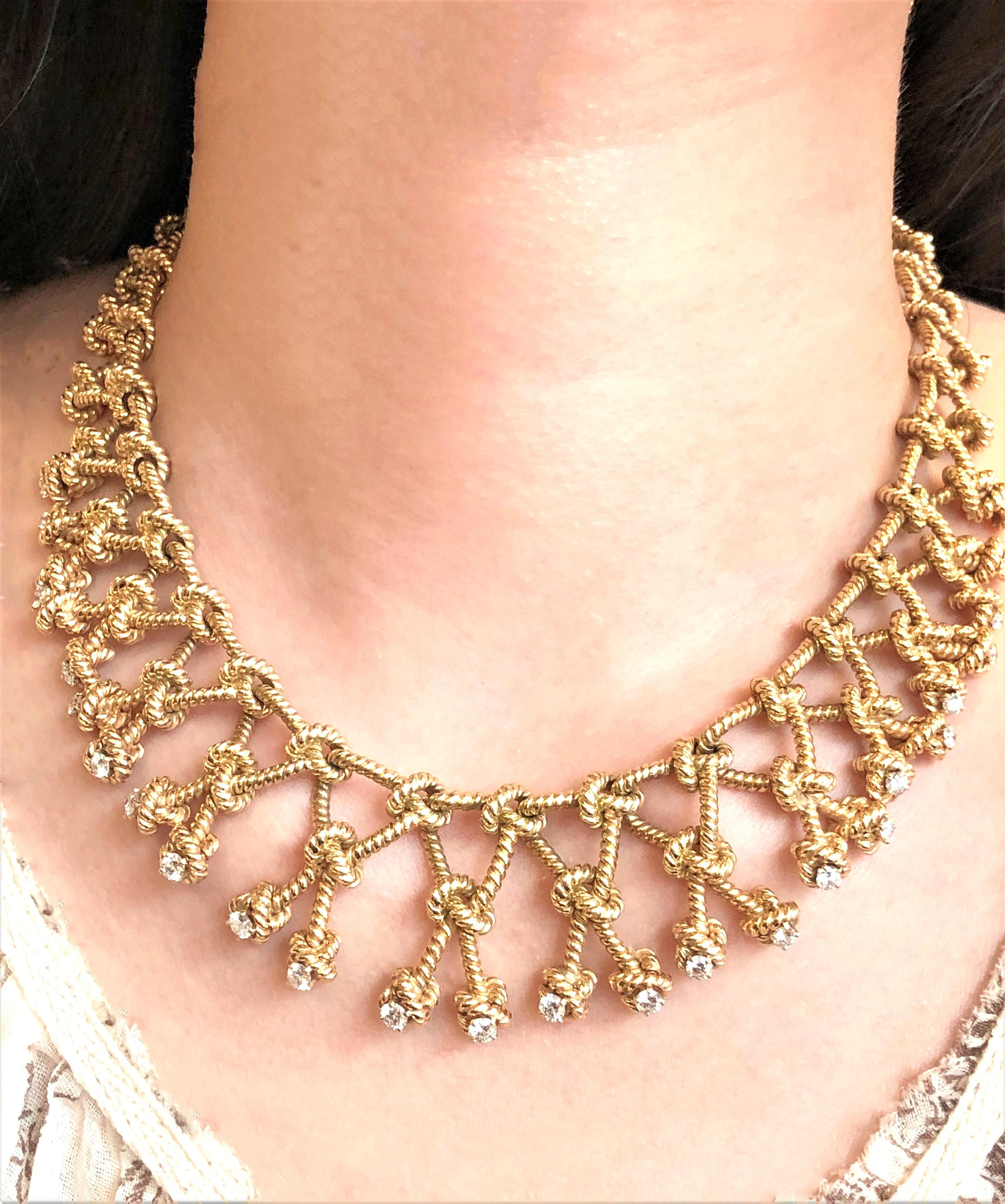 Women's Verdura Yellow Gold Twisted Rope and Diamond Large Fringe Necklace