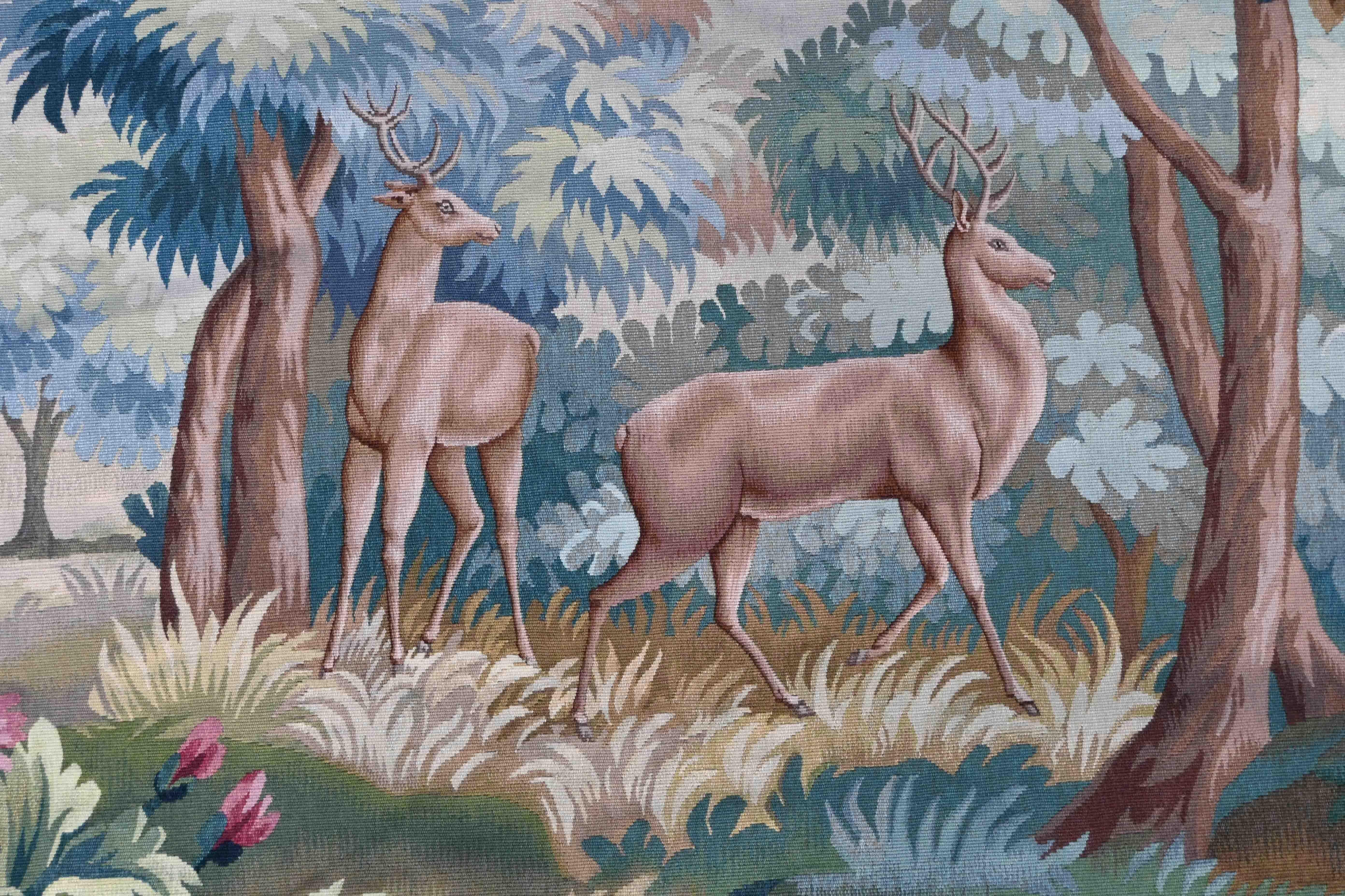 Verdure Aubusson tapestry signed - Couple of Deer in an Undergrowth - No. 1414 For Sale 2