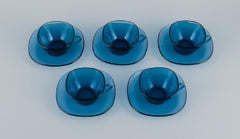 Vereco, France, Set of Five Teacups and Matching Saucers in Blue Glass.
