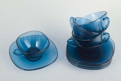 Vereco. Set of five blue glass coffee cups with matching saucers. 1970/80s