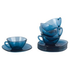 Vereco. Set of five blue glass coffee cups with matching saucers. 1970/80s
