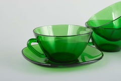 Vereco. Set of five green glass tea cups with matching saucers. 1970/80s