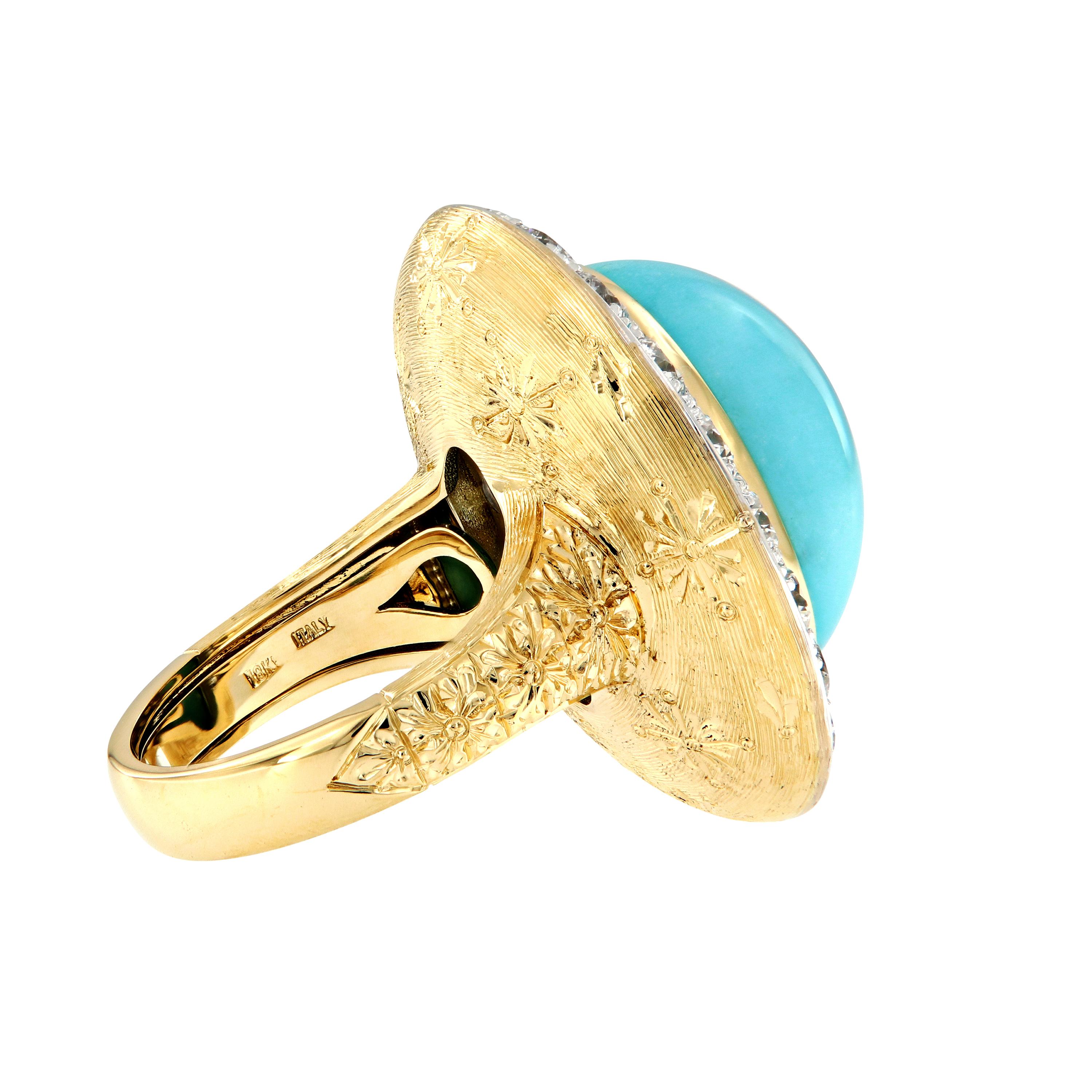 This epic statement ring is an outstanding display of color and Italian craftsmanship. Ring centers around a cabochon turquoise surrounded by over three carats of gorgeous diamonds. The ring is crafted in 18k yellow and white gold with a beautiful