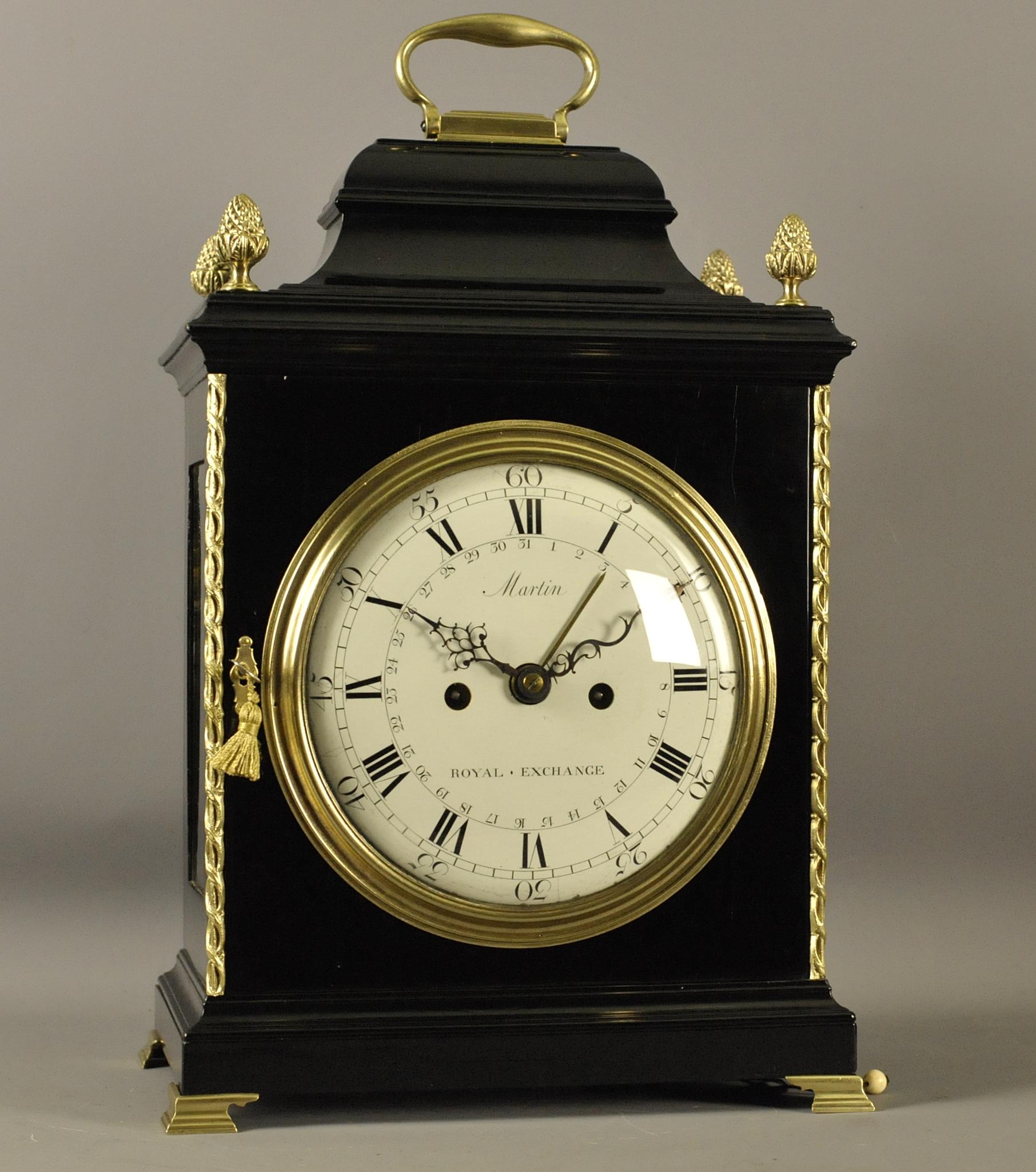 This is a very fine ebony veneered verge bracket clock by Martin, Royal exchange, London, circa 1780. Thomas Martin was one of a dynasty of fine clockmakers who can be traced back to 1668. Thomas himself was admitted to the clockmakers company in