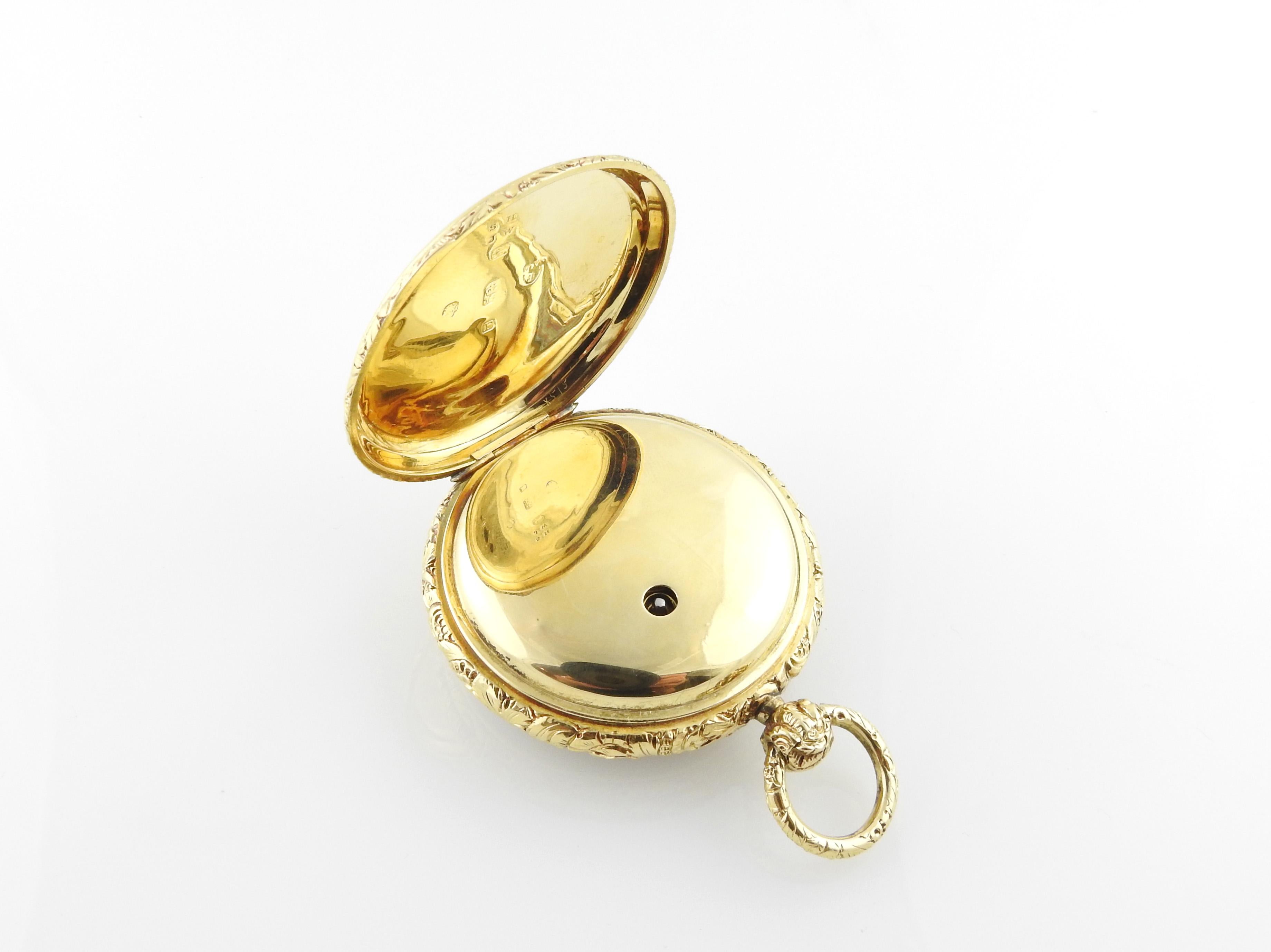 Verge Crown Wheel Key Winding 18K Yellow Gold Ornate Pocket Watch For Sale 3