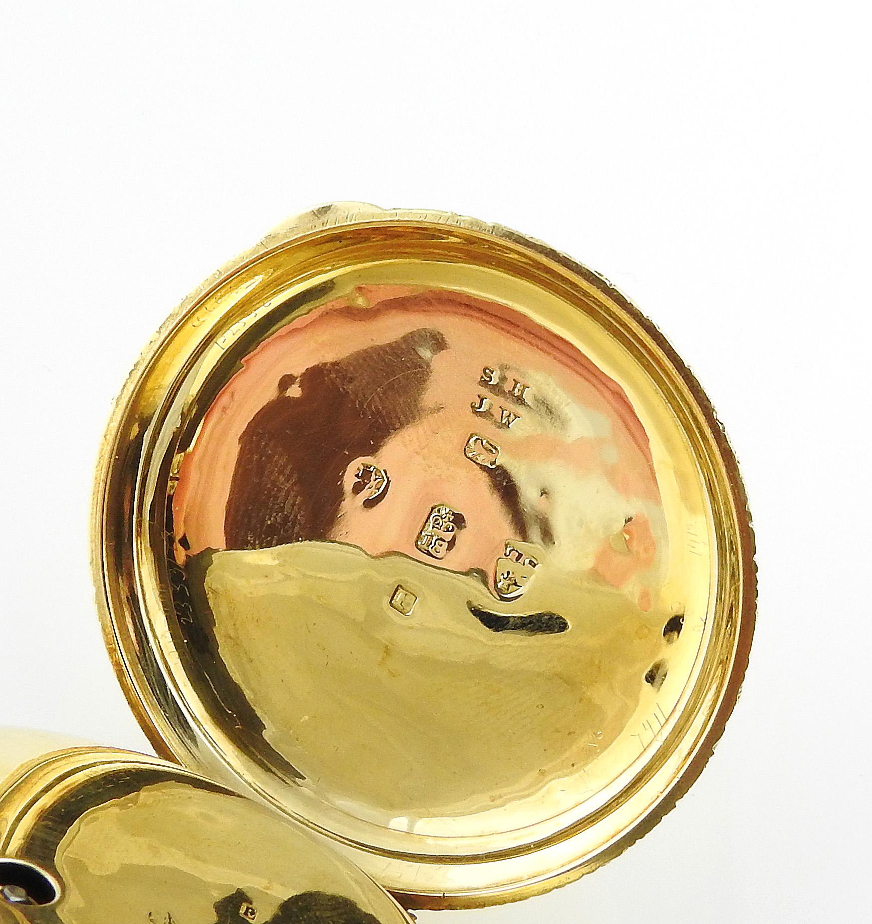 Verge Crown Wheel Key Winding 18K Yellow Gold Ornate Pocket Watch For Sale 4
