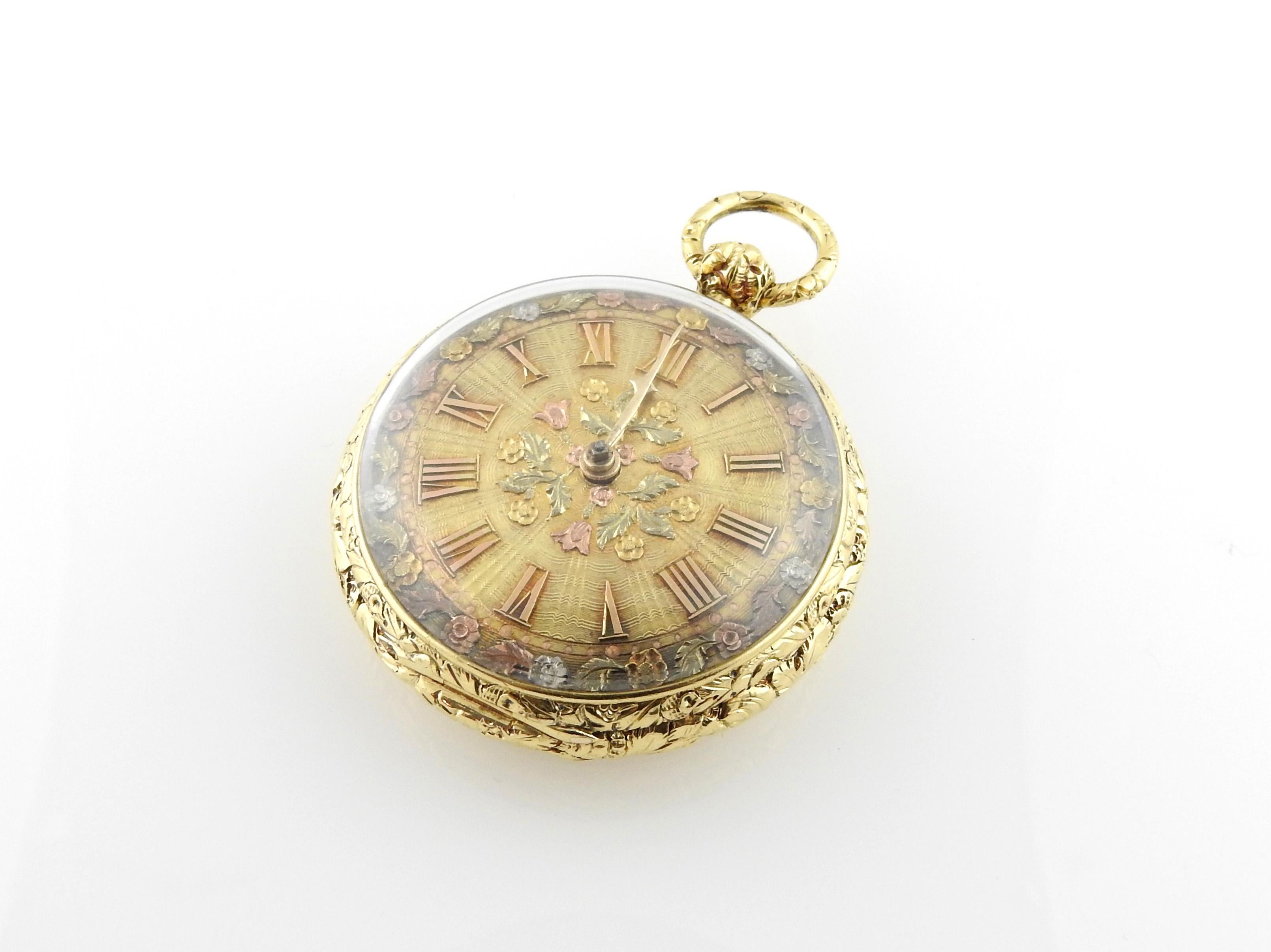 Verge Crown Wheel Key Winding 18K Yellow Gold Ornate Pocket Watch

Approx. 48 mm in diameter, 18 mm thick

Stamped SH JW with English Gold Hallmarks inside the case. Date mark of F with square box around it. 

61.3 dwt / 95.4g 

The verge (or crown