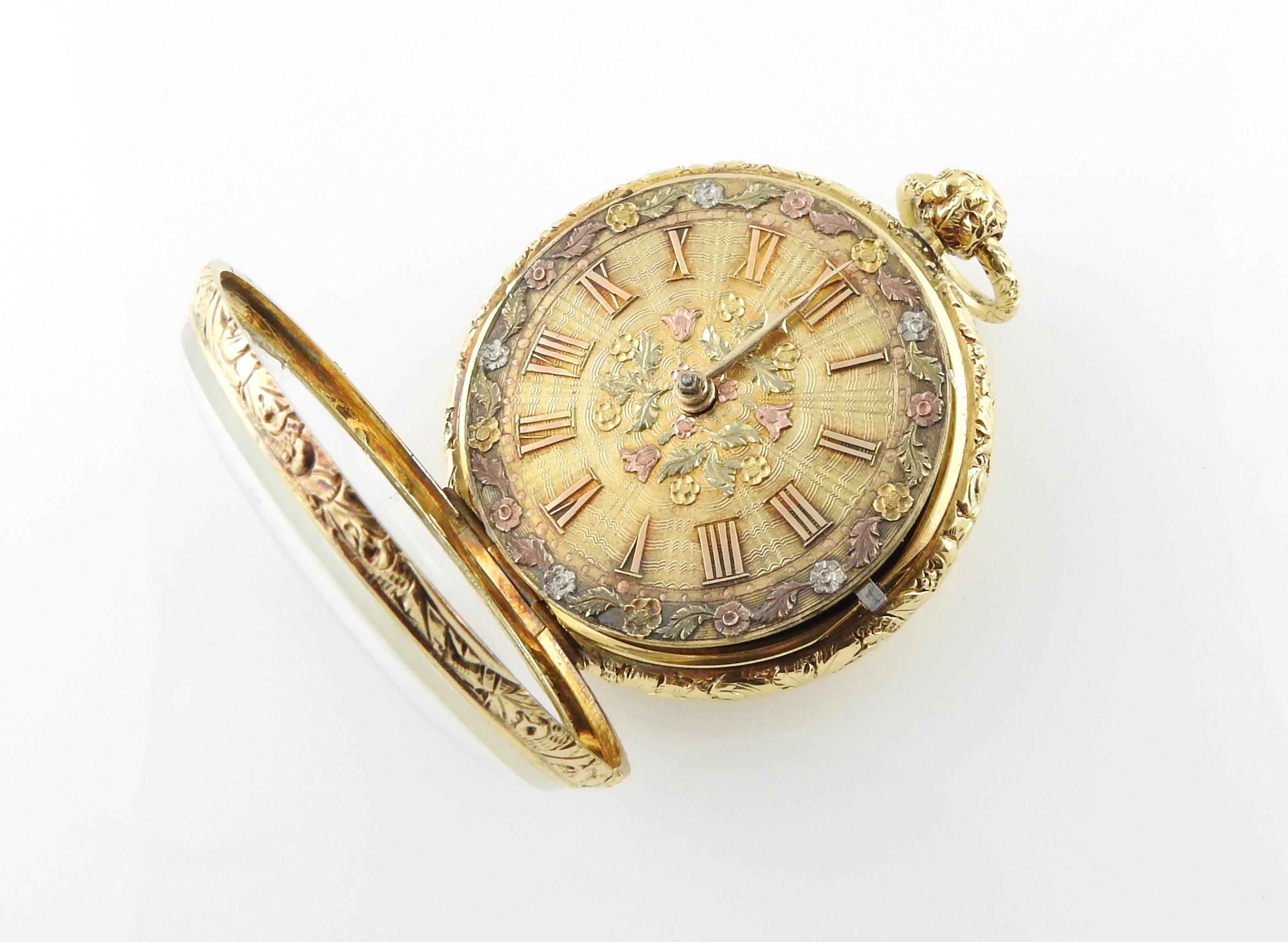 Verge Kronrad Schlüsselanhänger 18K Gelbgold Verschnörkelte Taschenuhr für Damen oder Herren im Angebot