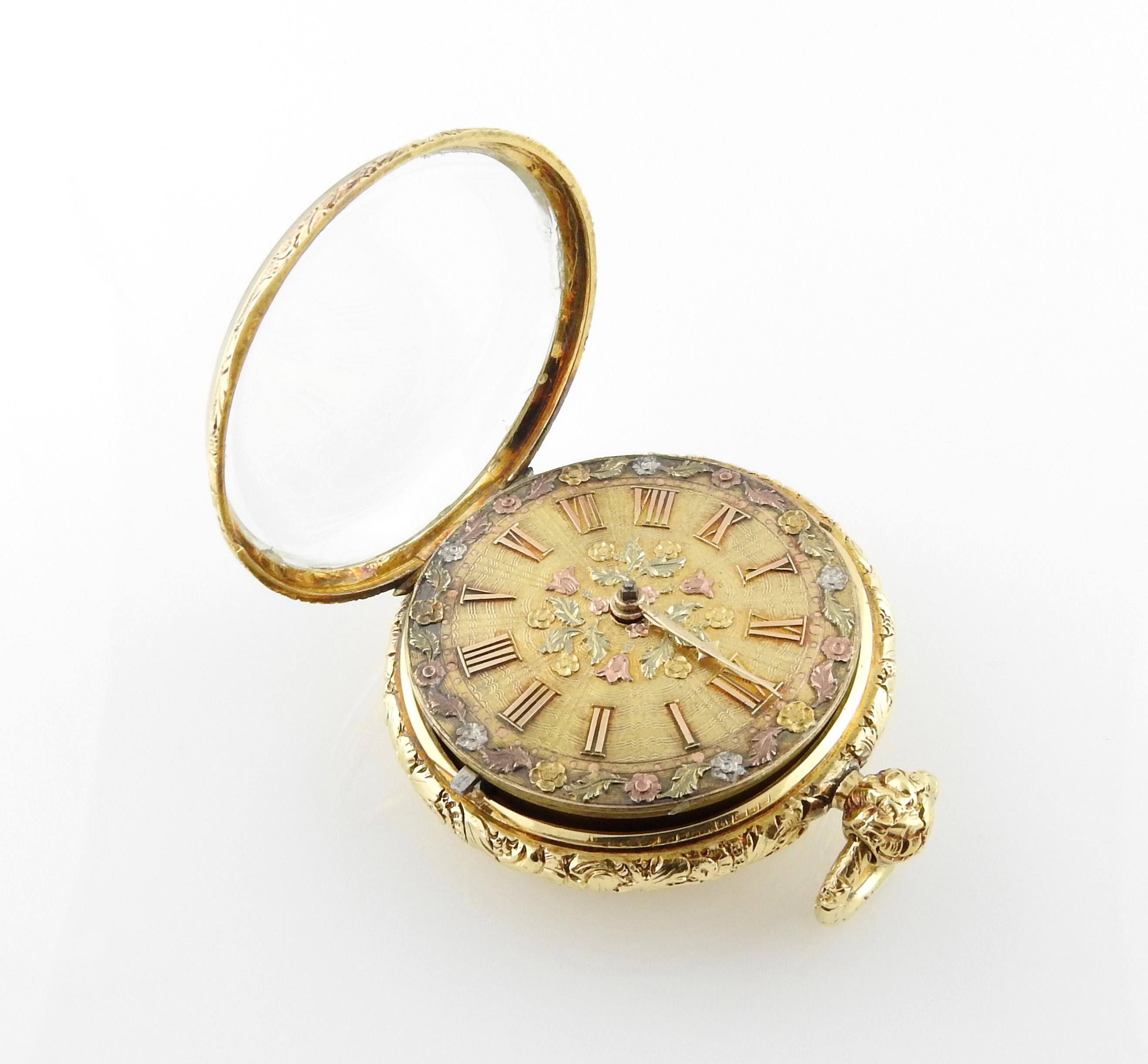 Verge Crown Wheel Key Winding 18K Yellow Gold Ornate Pocket Watch In Good Condition For Sale In Washington Depot, CT