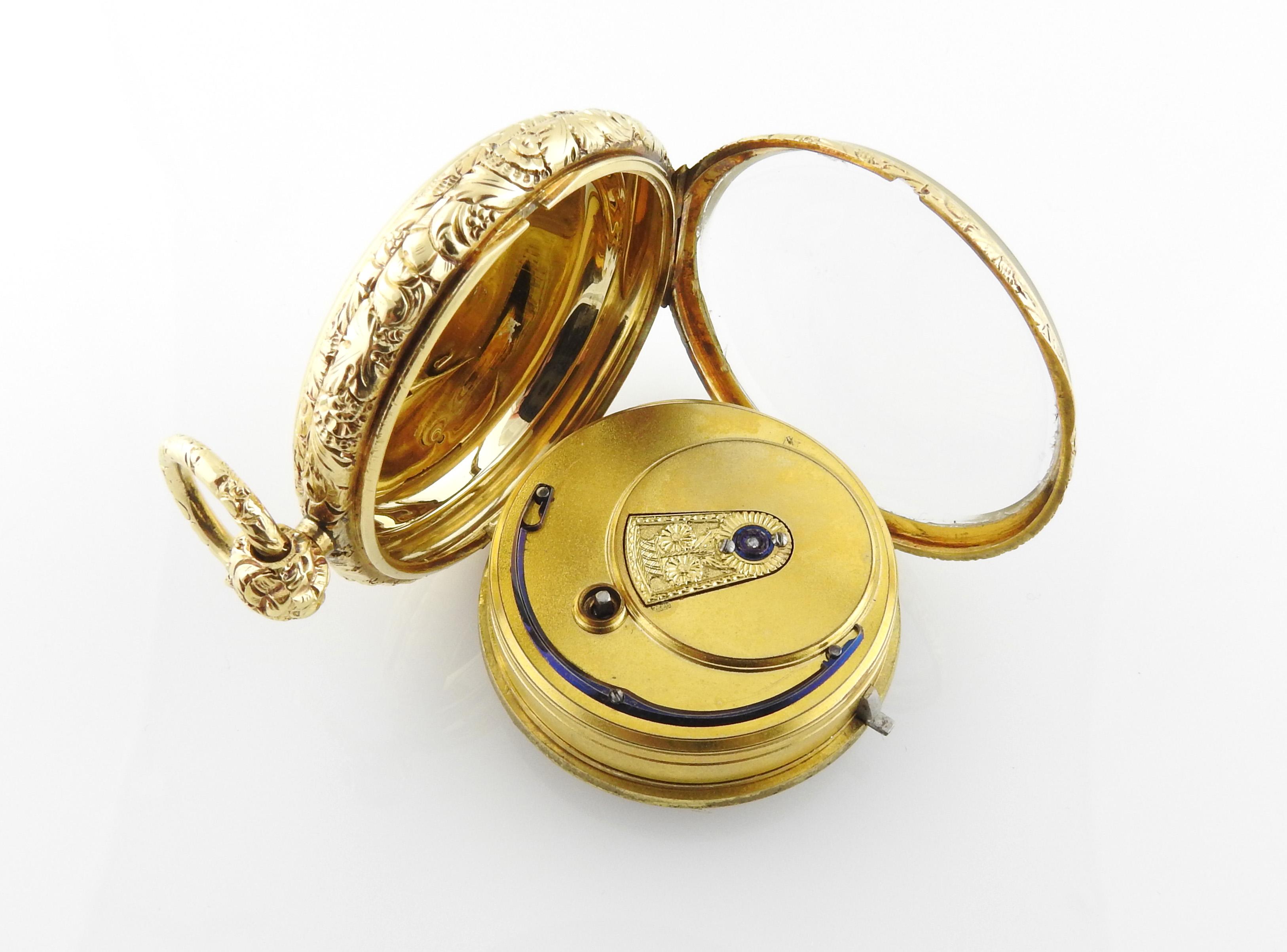 Women's or Men's Verge Crown Wheel Key Winding 18K Yellow Gold Ornate Pocket Watch For Sale