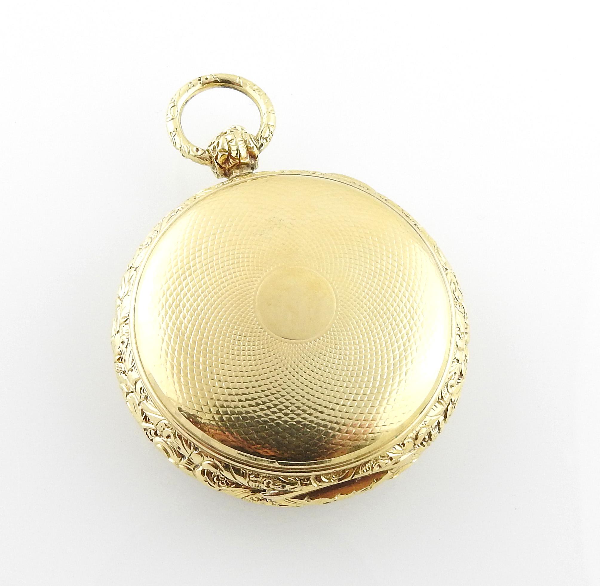 Verge Crown Wheel Key Winding 18K Yellow Gold Ornate Pocket Watch For Sale 2