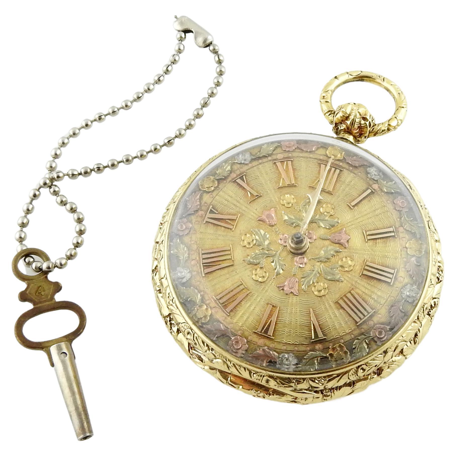 Verge Crown Wheel Key Winding 18K Yellow Gold Ornate Pocket Watch