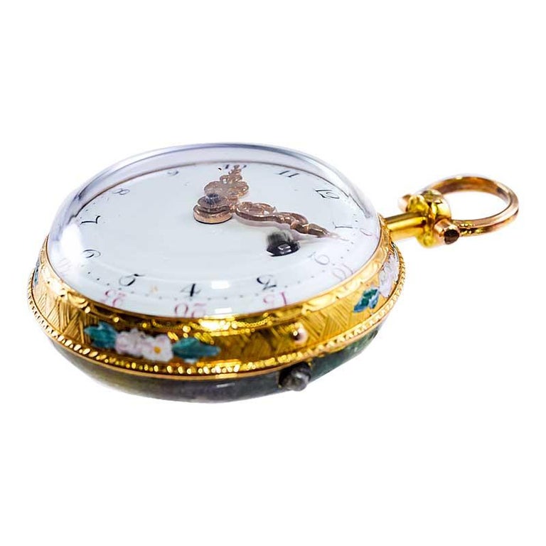 Verge Fusee Enamel Dial Keywind Porcelain Painted Back Pocket Watch For