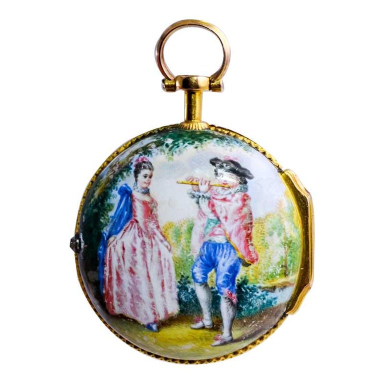 Verge Fusee Enamel Dial Keywind Porcelain Painted Back Pocket Watch For