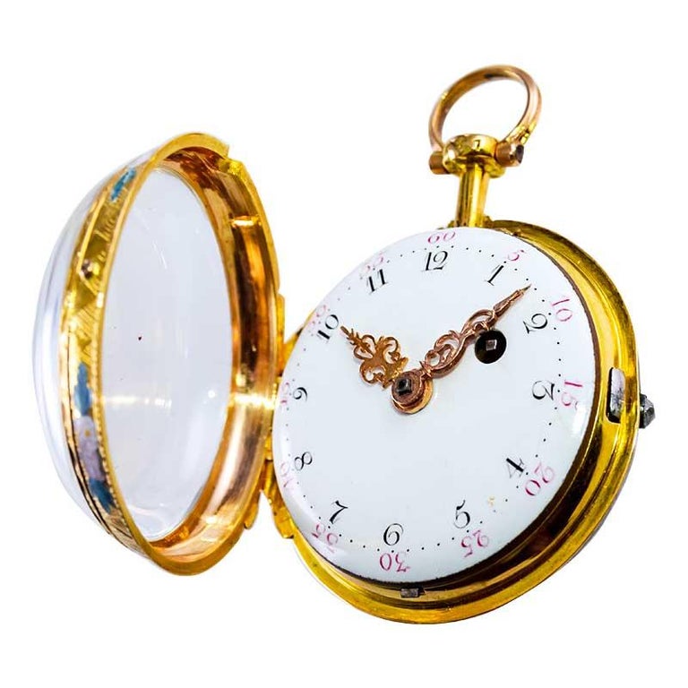 Verge Fusee Enamel Dial Keywind Porcelain Painted Back Pocket Watch For