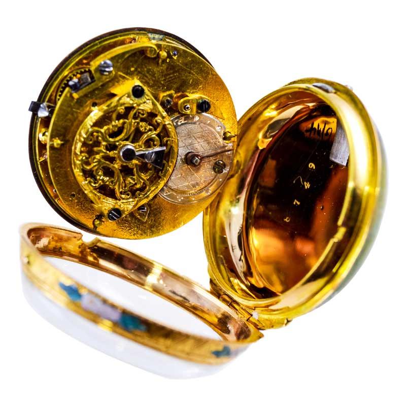 Verge Fusee Enamel Dial Keywind Porcelain Painted Back Pocket Watch For Sale 2