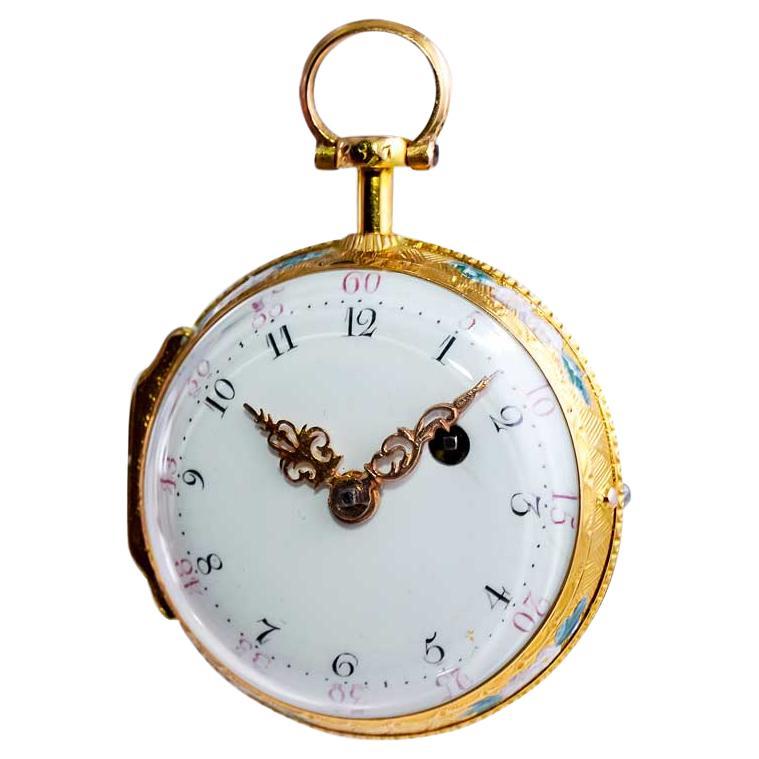 Verge Fusee Enamel Dial Keywind Porcelain Painted Back Pocket Watch