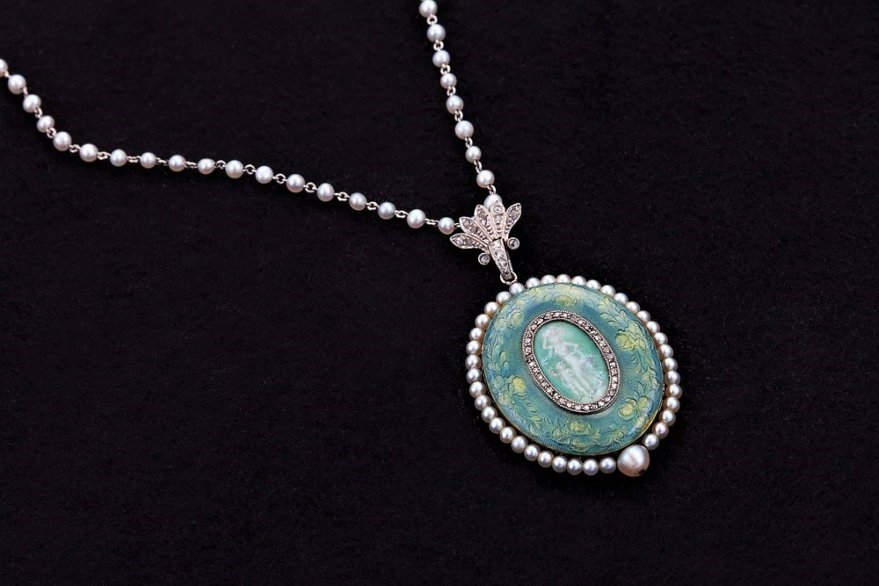 Women's Verger Edwardian Gold Platinum Hand-Painted Enamel Pearl Diamond Pendant Watch For Sale