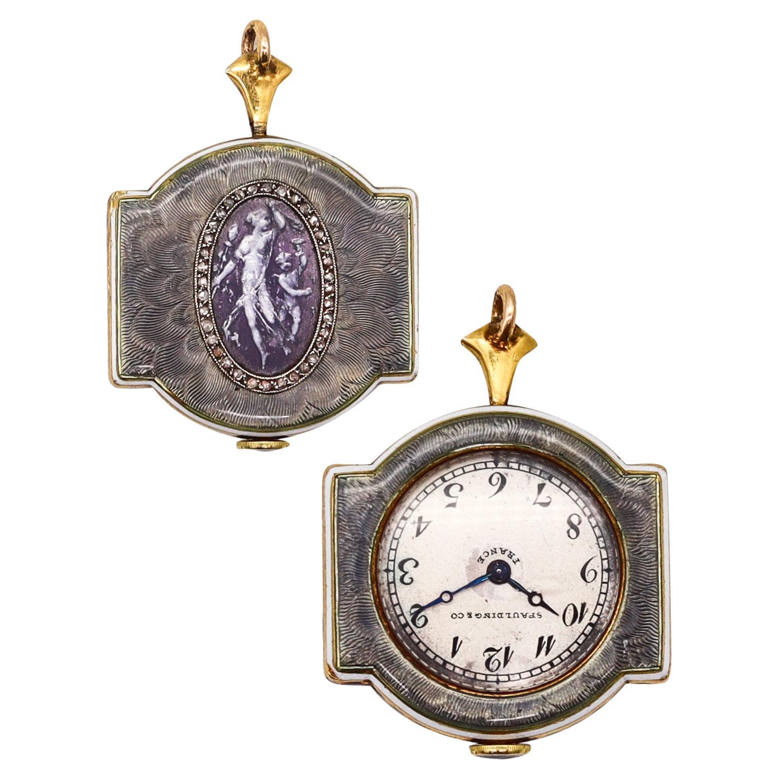 Verger Freres 1901 Spaulding & Co Edwardian Watch-Pendant Guilloche 18Kt Diamond For Sale