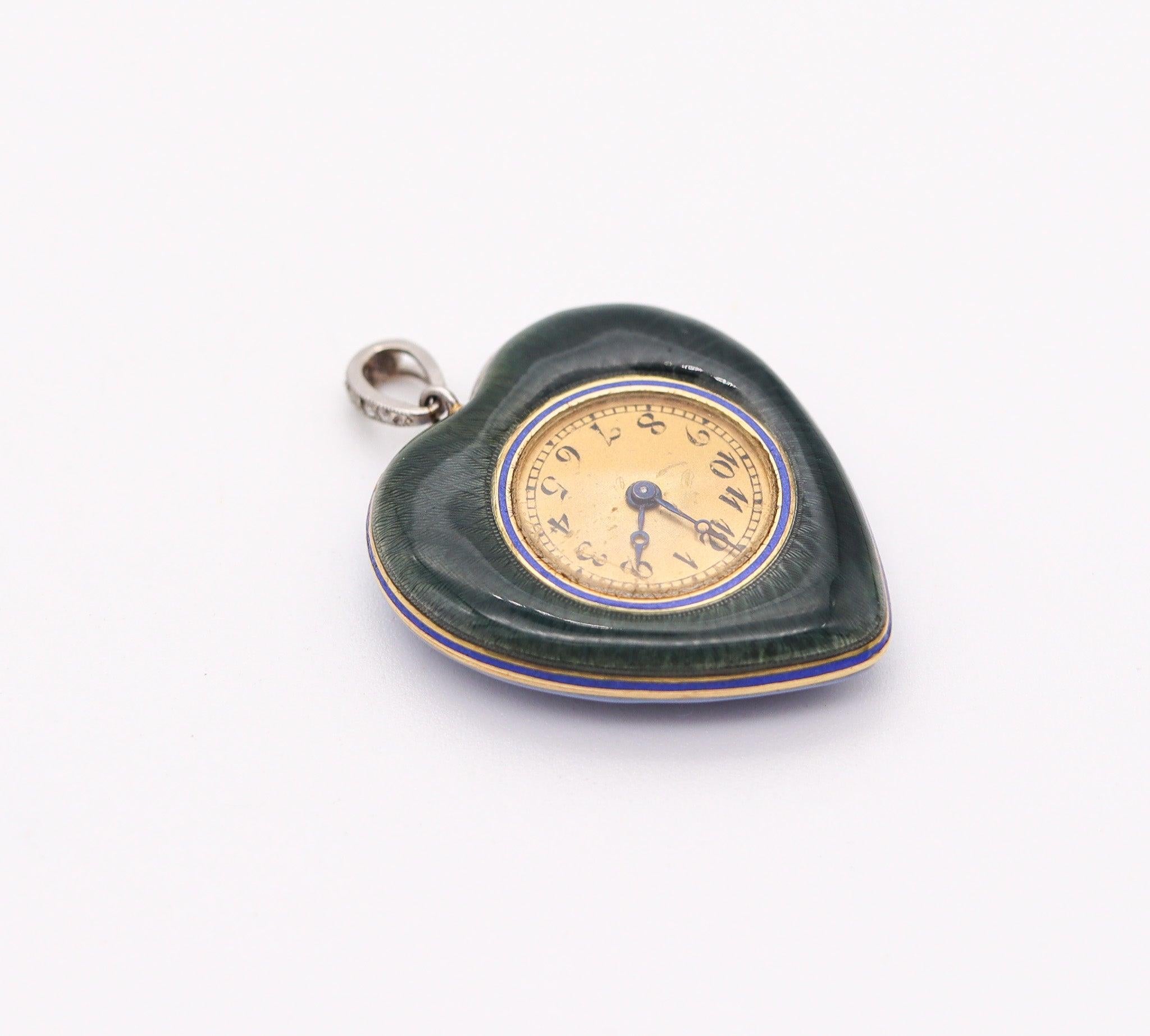 Taille rose VERGER Frères 1905, montre à pendentif édouardienne émaillée en platine et diamants en vente