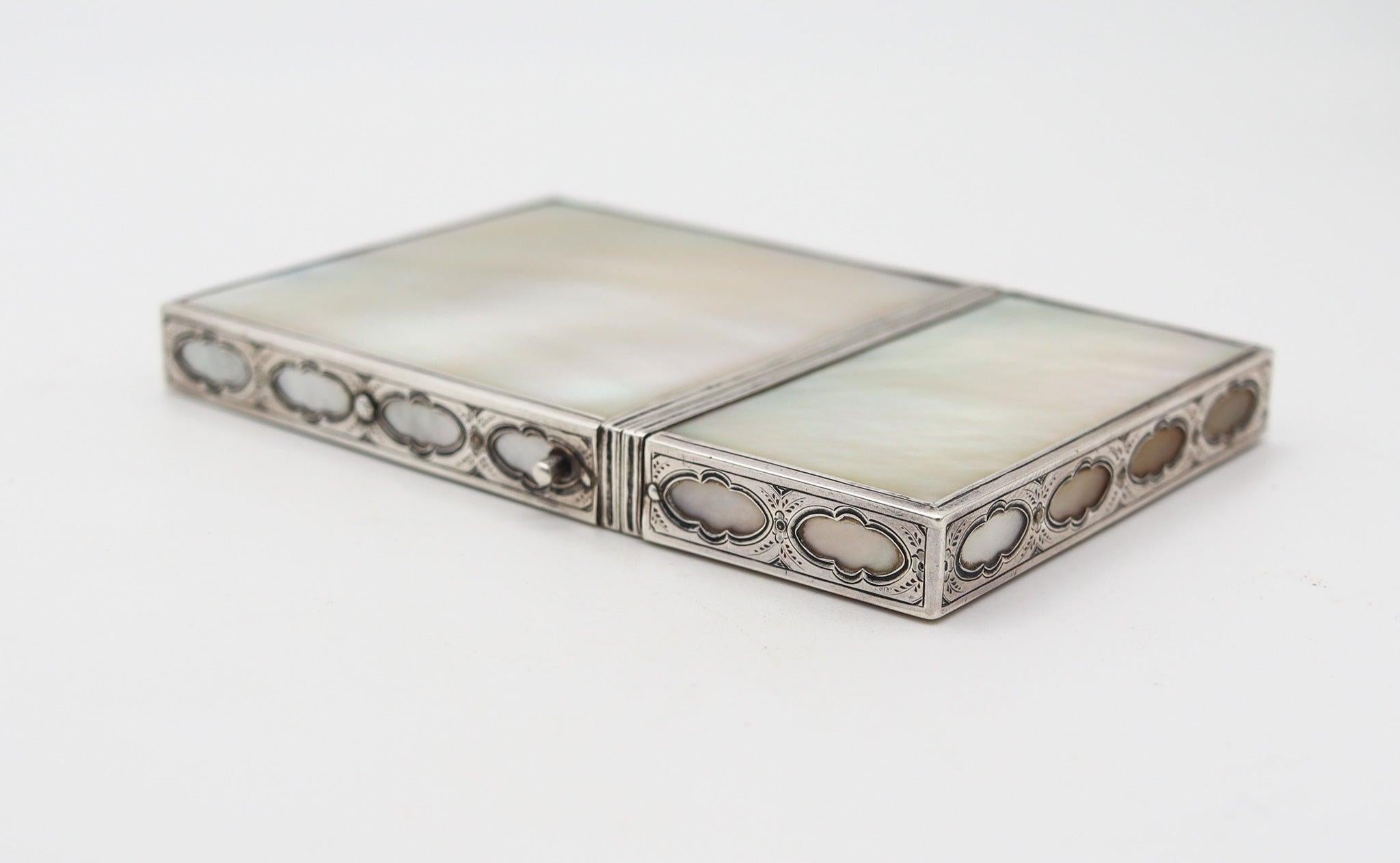 French VERGER FRERES 1905 Paris Edwardian Card Case Box In Sterling And White Nacre For Sale