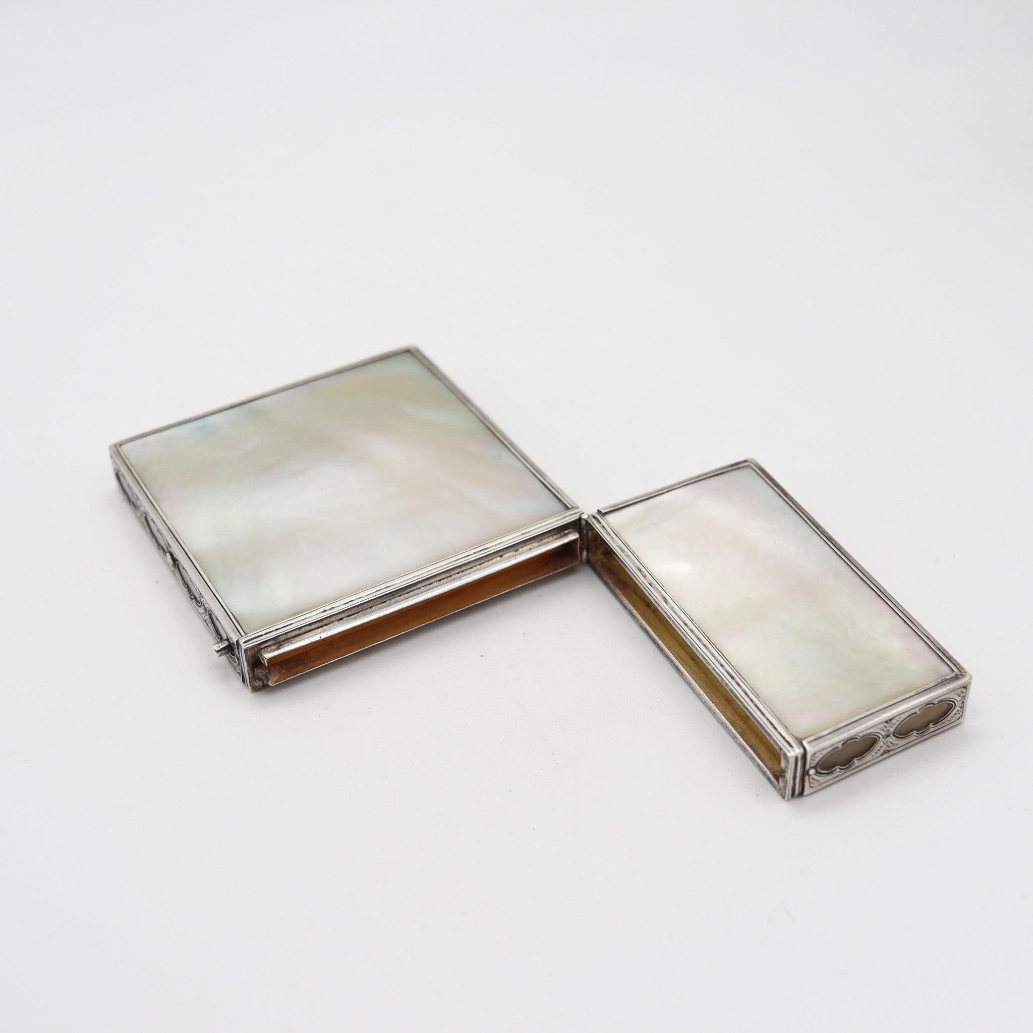 Early 20th Century VERGER FRERES 1905 Paris Edwardian Card Case Box In Sterling And White Nacre For Sale