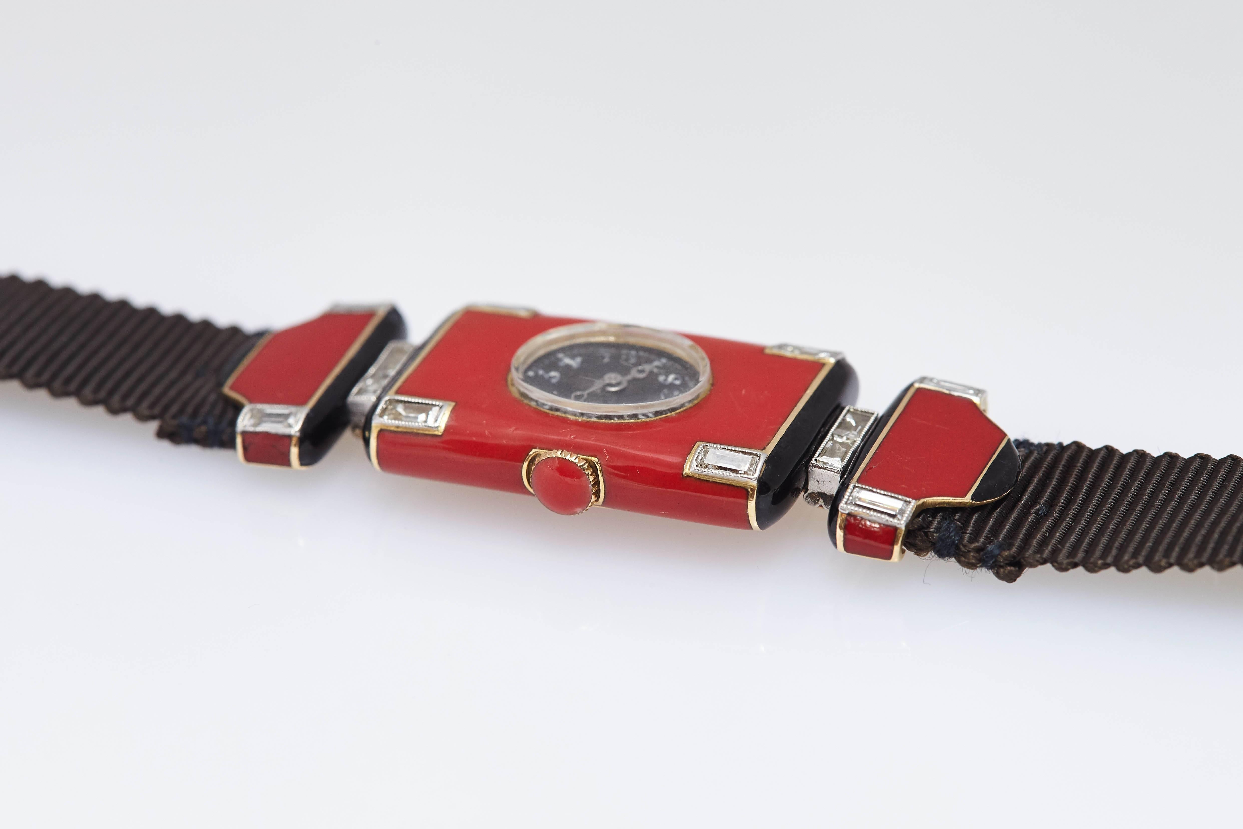 A Unique Verger Frères Art Deco red enamel lady's watch with diamonds, mounted on platinum. Made in France, circa 1925