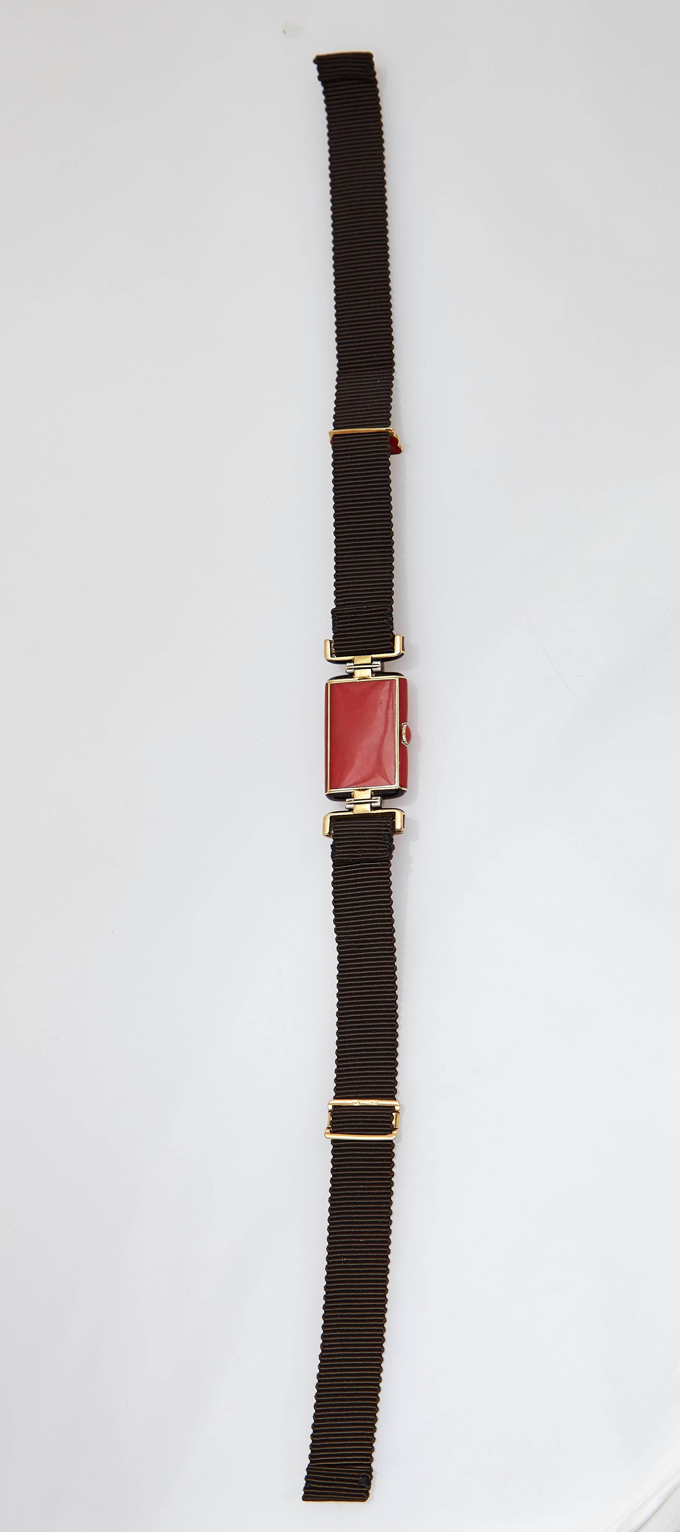 Women's Verger Frères Ladies platinum diamond red enamel Art Deco Wristwatch, circa 1925 For Sale