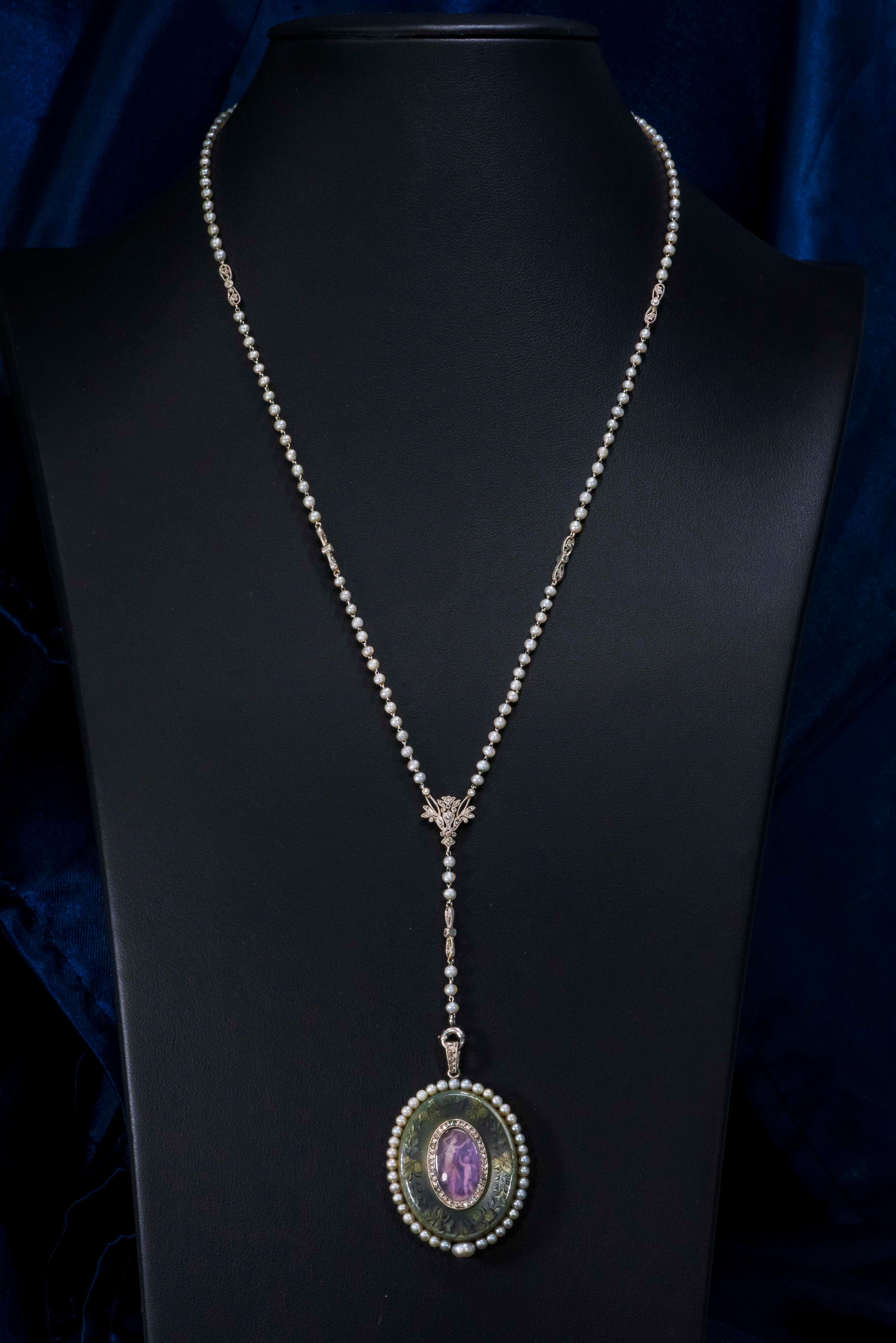 Verger Freres Paillet Platinum Diamond Enamel Pearl Necklace Pendant Watch, 1900 For Sale 9