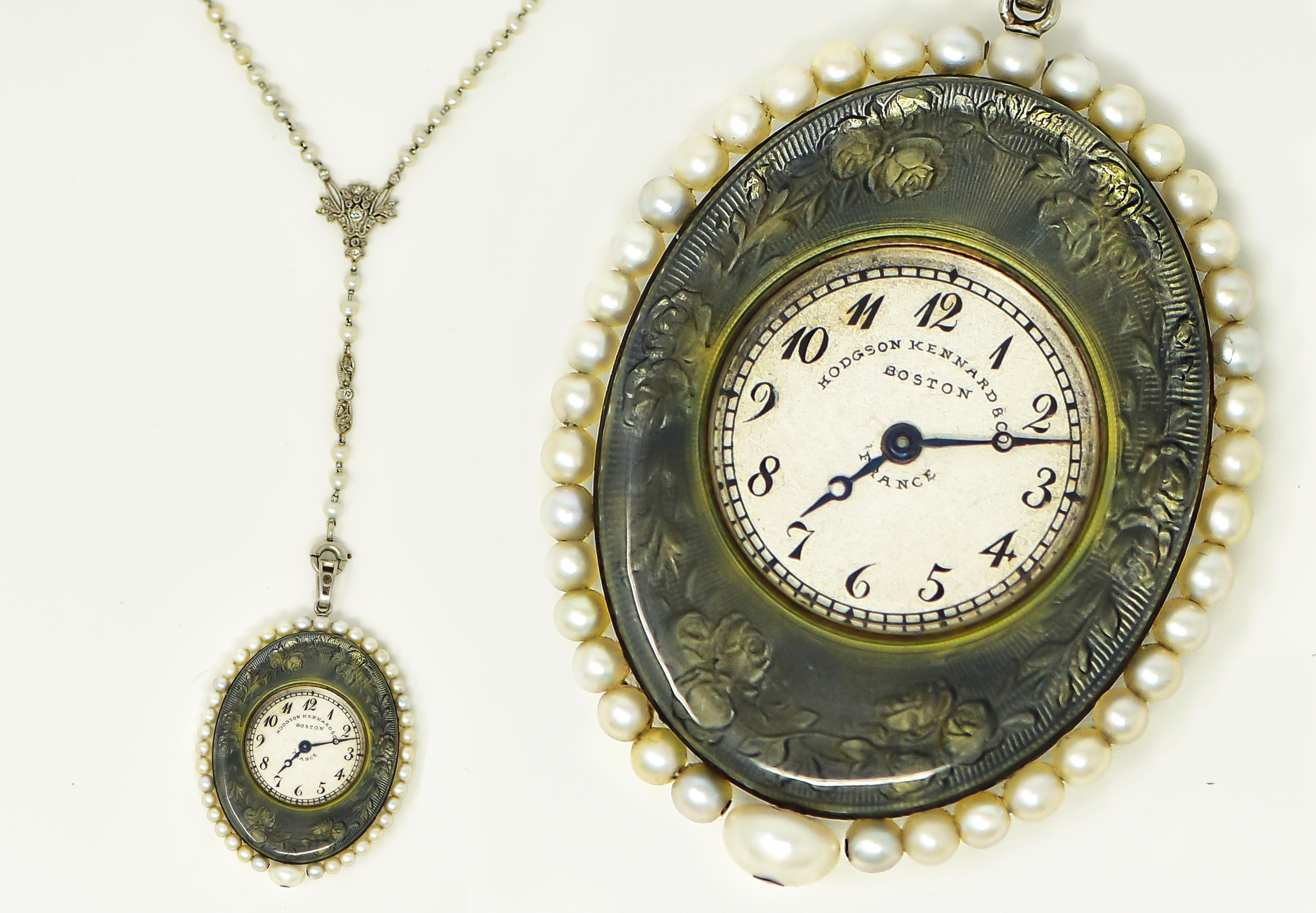 Verger Freres Paillet Platinum Diamond Enamel Pearl Necklace Pendant Watch, 1900 For Sale 7
