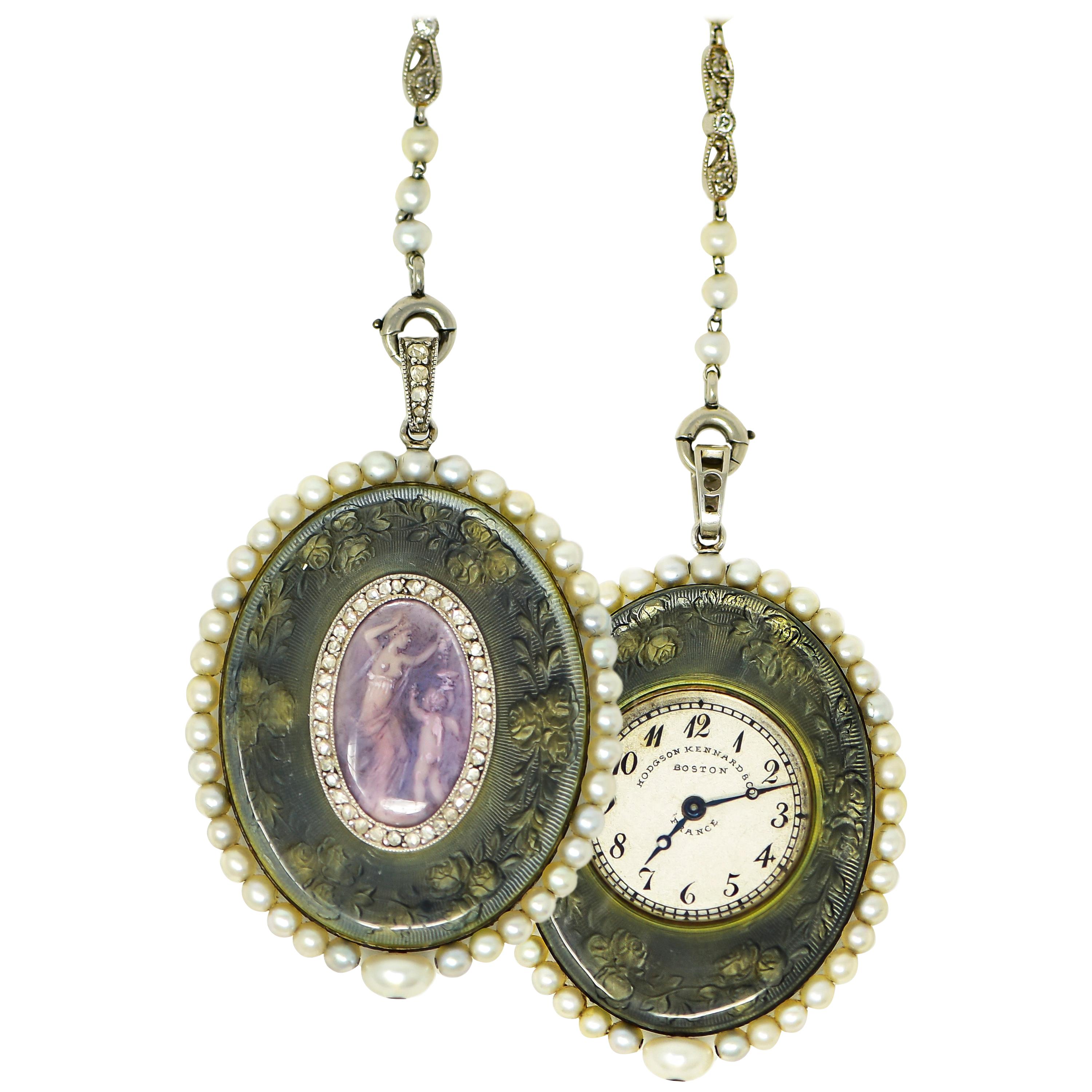 Verger Freres Paillet Platinum Diamond Enamel Pearl Necklace Pendant Watch, 1900 For Sale