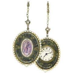 Verger Freres Paillet Platinum Diamond Enamel Pearl Necklace Pendant Watch, 1900