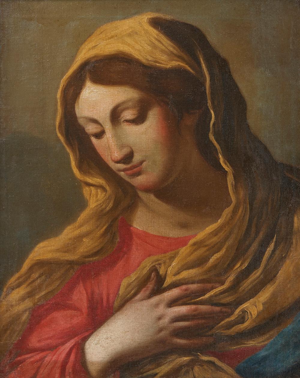 Virgin Annunciate, Emilian school, 17th century.

Oil painting on canvas depicting the Madonna, caught while, with her eyes half-closed and  the right hand  on his chest, receives the glad tidings from the Archangel Gabriel.

From the Emilian