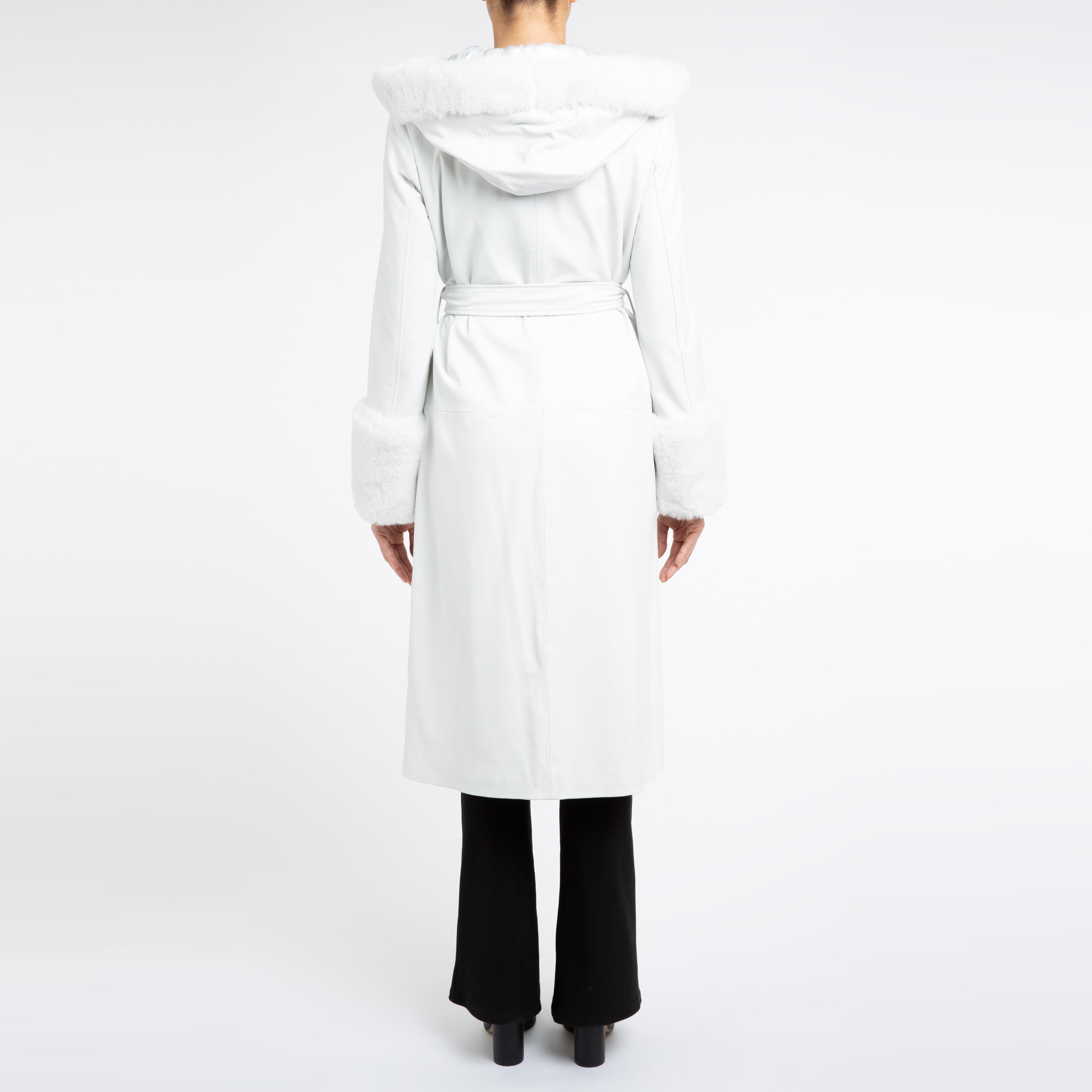 Verheyen Aurora Hooded Leather Trench Coat in White with Faux Fur - Size uk 10 For Sale 3