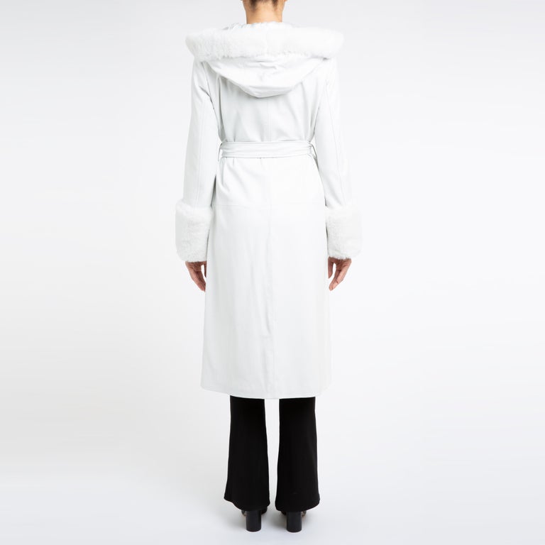 Verheyen Aurora Hooded Leather Trench Coat in White with Faux Fur - Size uk 10 For Sale 6
