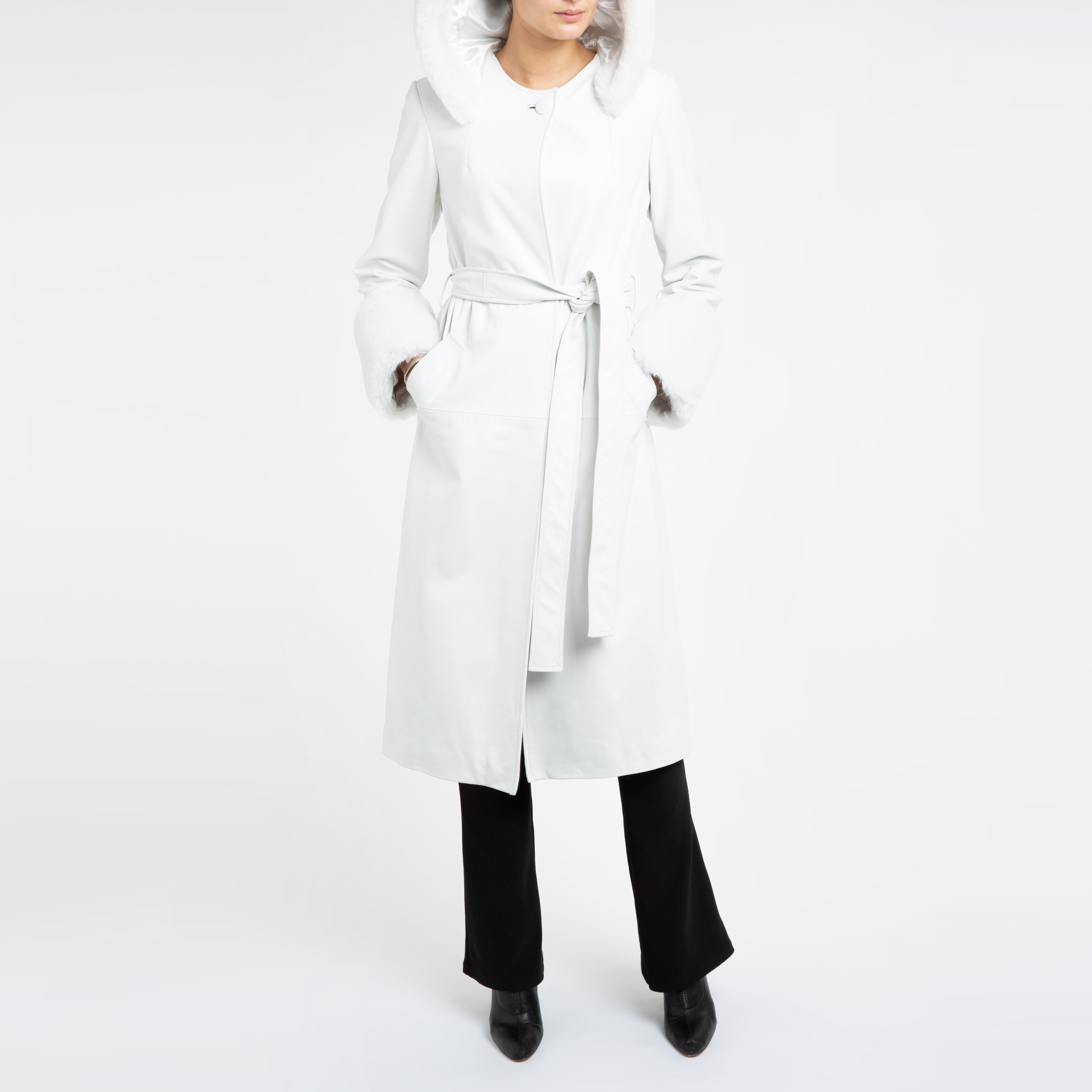 Verheyen Aurora Leder-Trenchcoat mit Kapuze in Weiß mit Kunstpelz - Größe uk 8 im Angebot 7