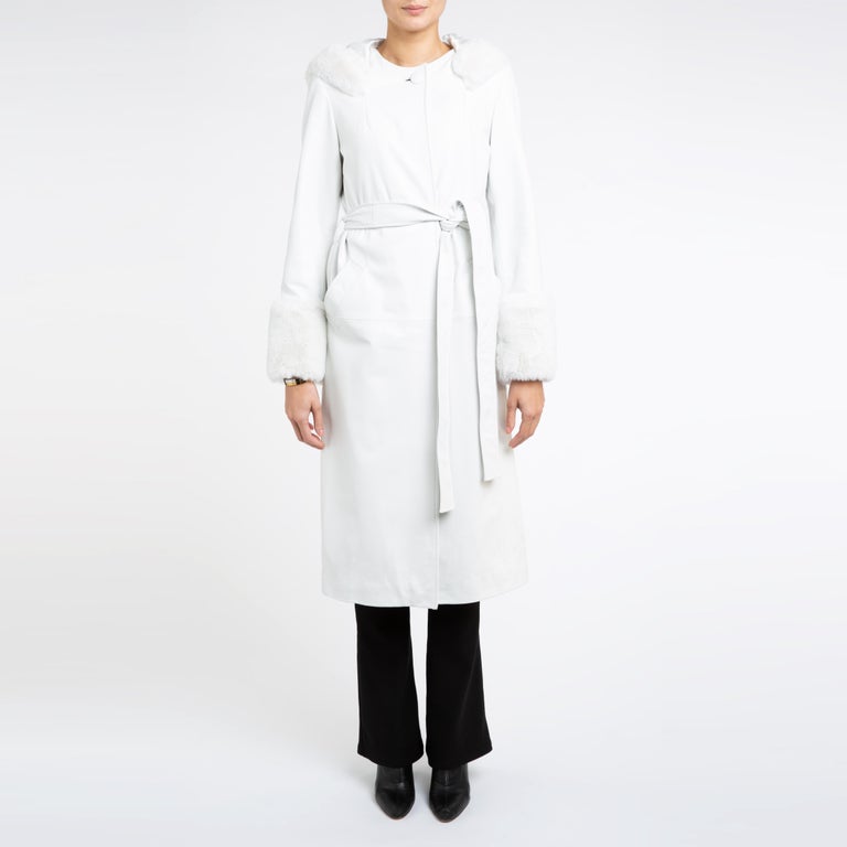 Gray Verheyen Aurora Hooded Leather Trench Coat in White with Faux Fur - Size uk 10 For Sale