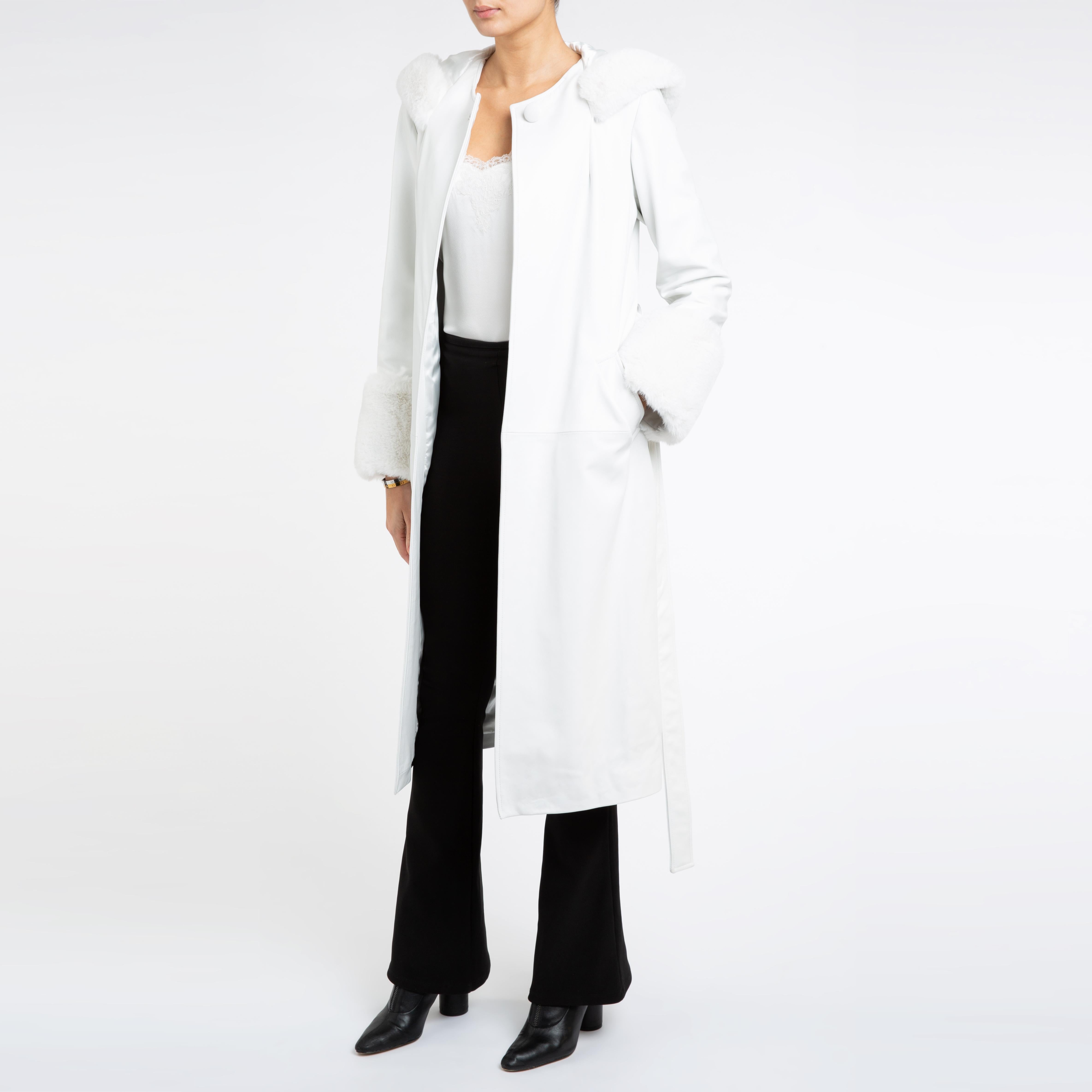 white faux fur trench coat