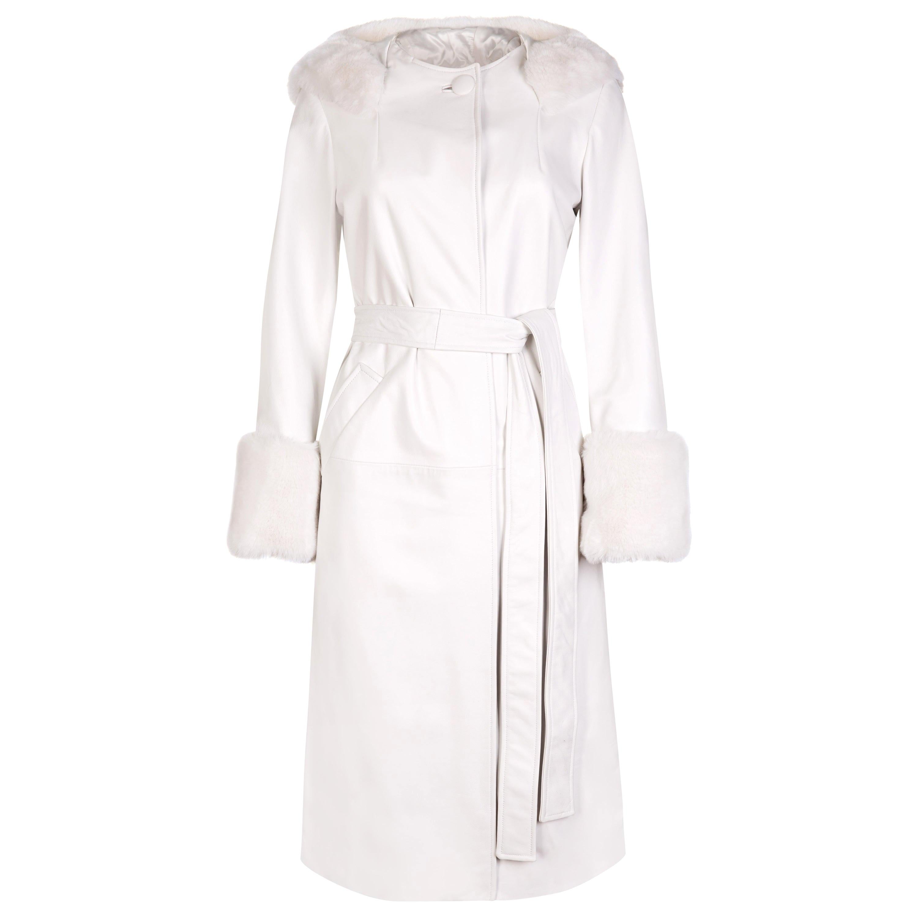 Verheyen Aurora Hooded Leather Trench Coat in White with Faux Fur - Size uk 8 For Sale