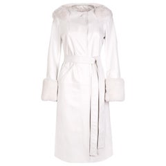 Verheyen Aurora Hooded Leather Trench Coat in White with Faux Fur - Size uk 8