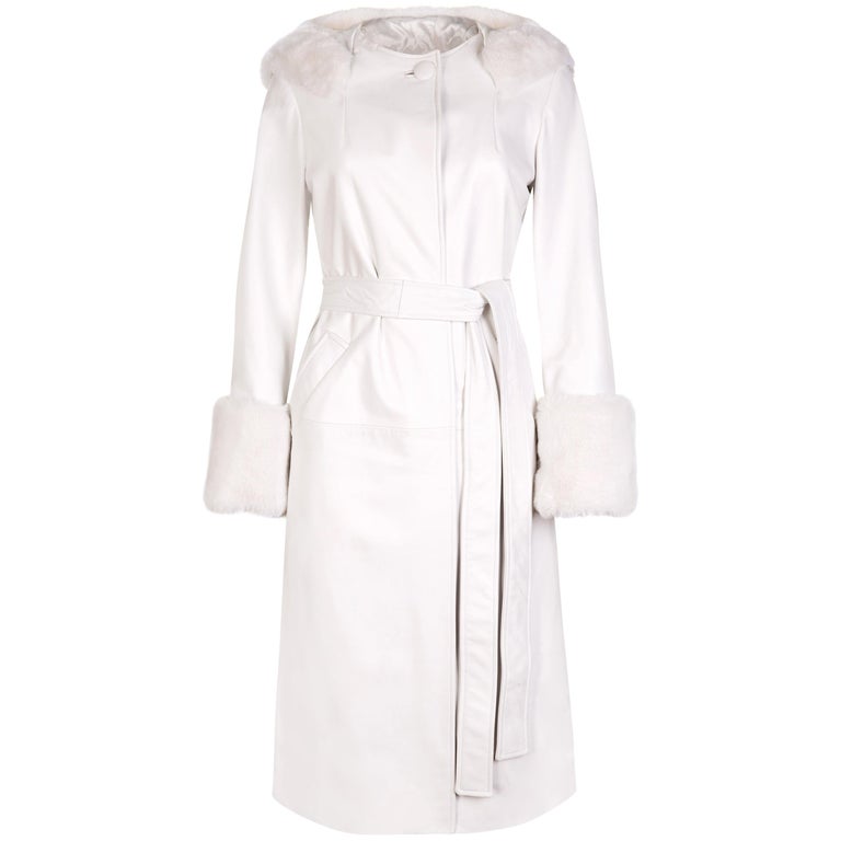 navy blue dress for baby girl Verheyen Aurora Hooded Leather Trench Coat in White with Faux Fur