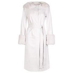 Verheyen Aurora Hooded Leather Trench Coat in White with Faux Fur - Size uk 12