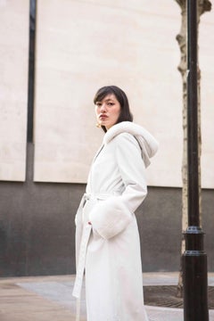 Verheyen Aurora Hooded Leather Trench Coat in White with Faux Fur - Size uk 14