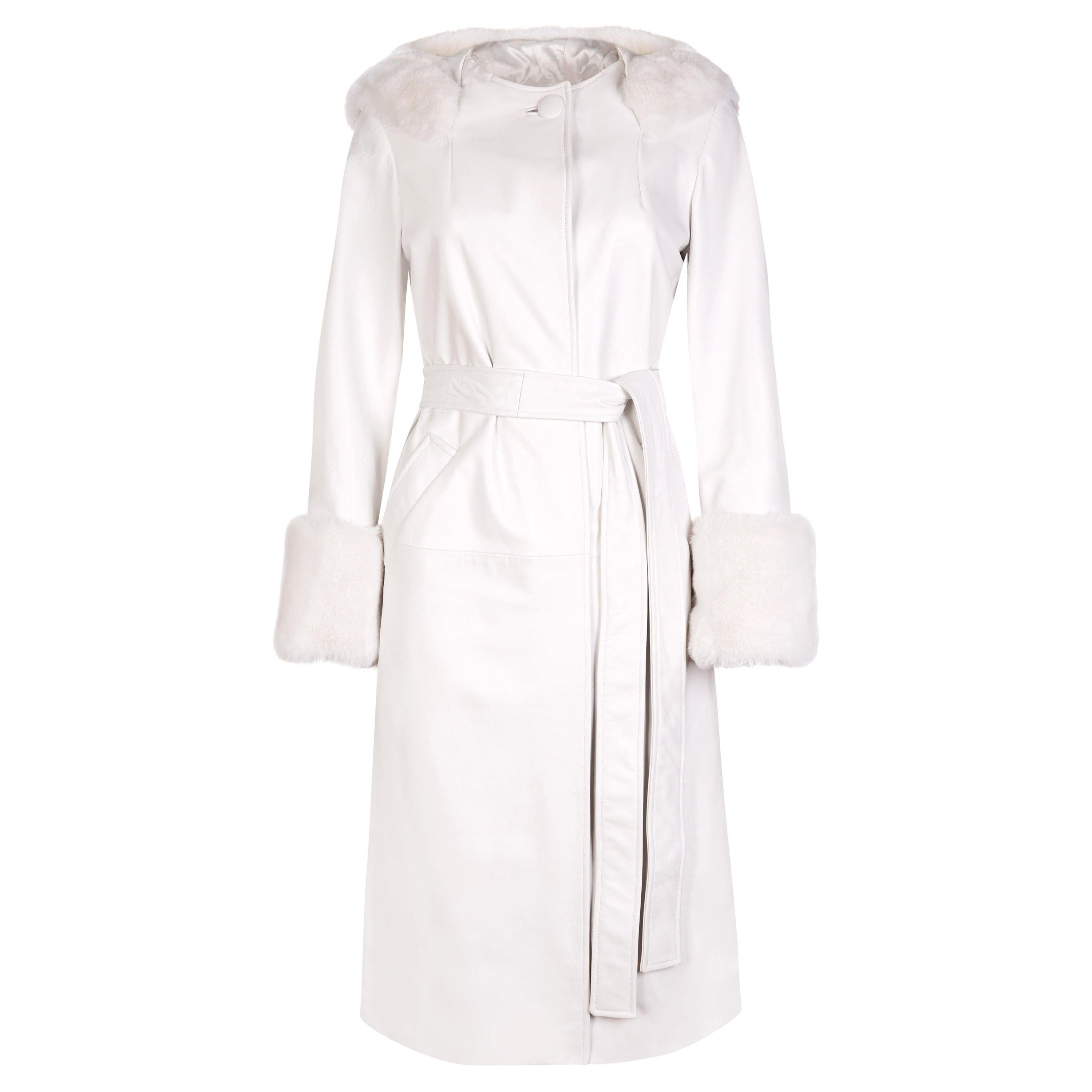 Verheyen Aurora Leder-Trenchcoat mit Kapuze in Weiß mit Kunstpelz - Größe uk 14