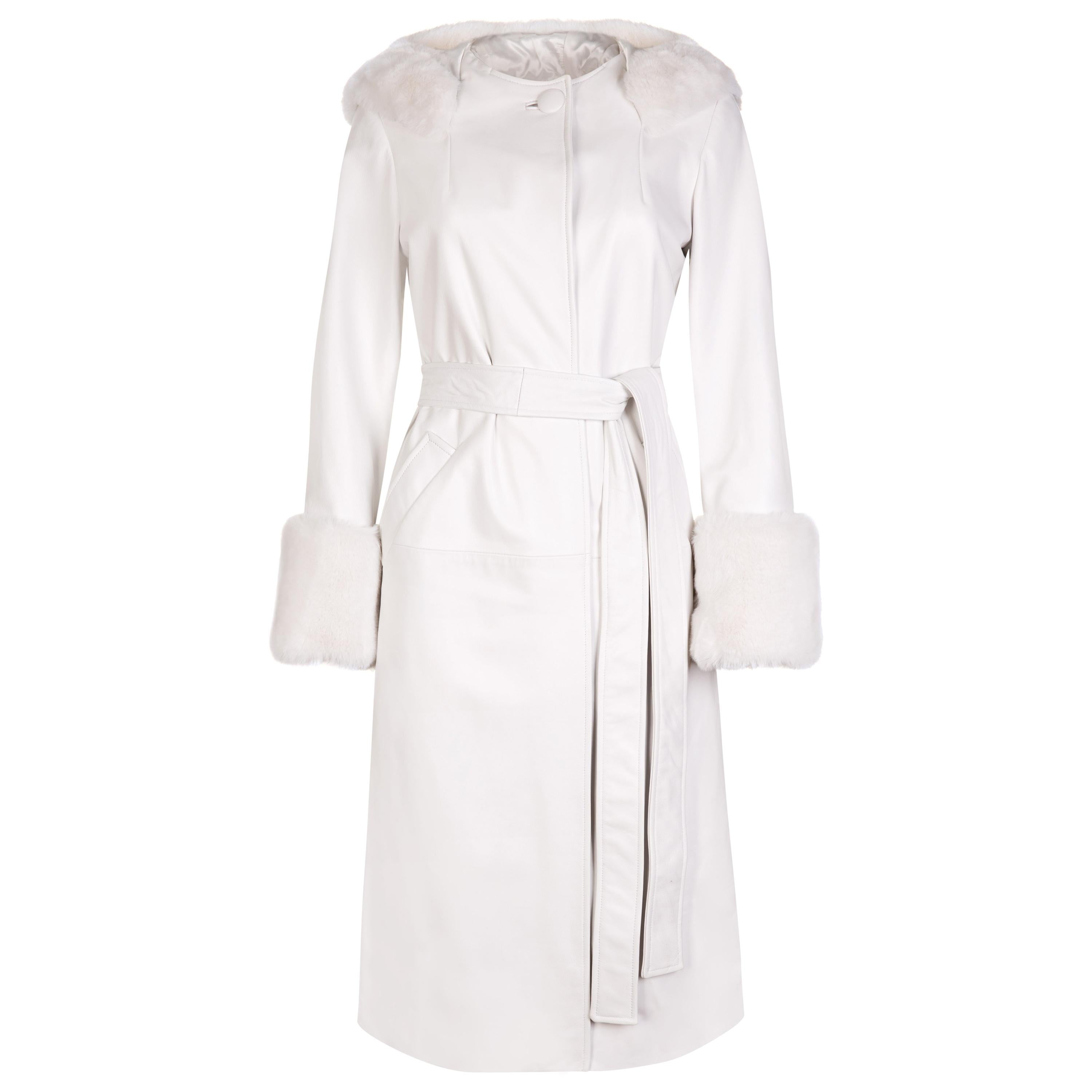 Verheyen Aurora Hooded Leather Trench Coat in White with Faux Fur - Size uk 16 For Sale