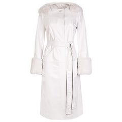Verheyen Aurora Hooded Leather Trench Coat in White with Faux Fur - Size uk 16