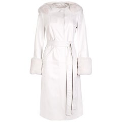 Verheyen Aurora Hooded Leather Trench Coat in White with Faux Fur - Size uk 6